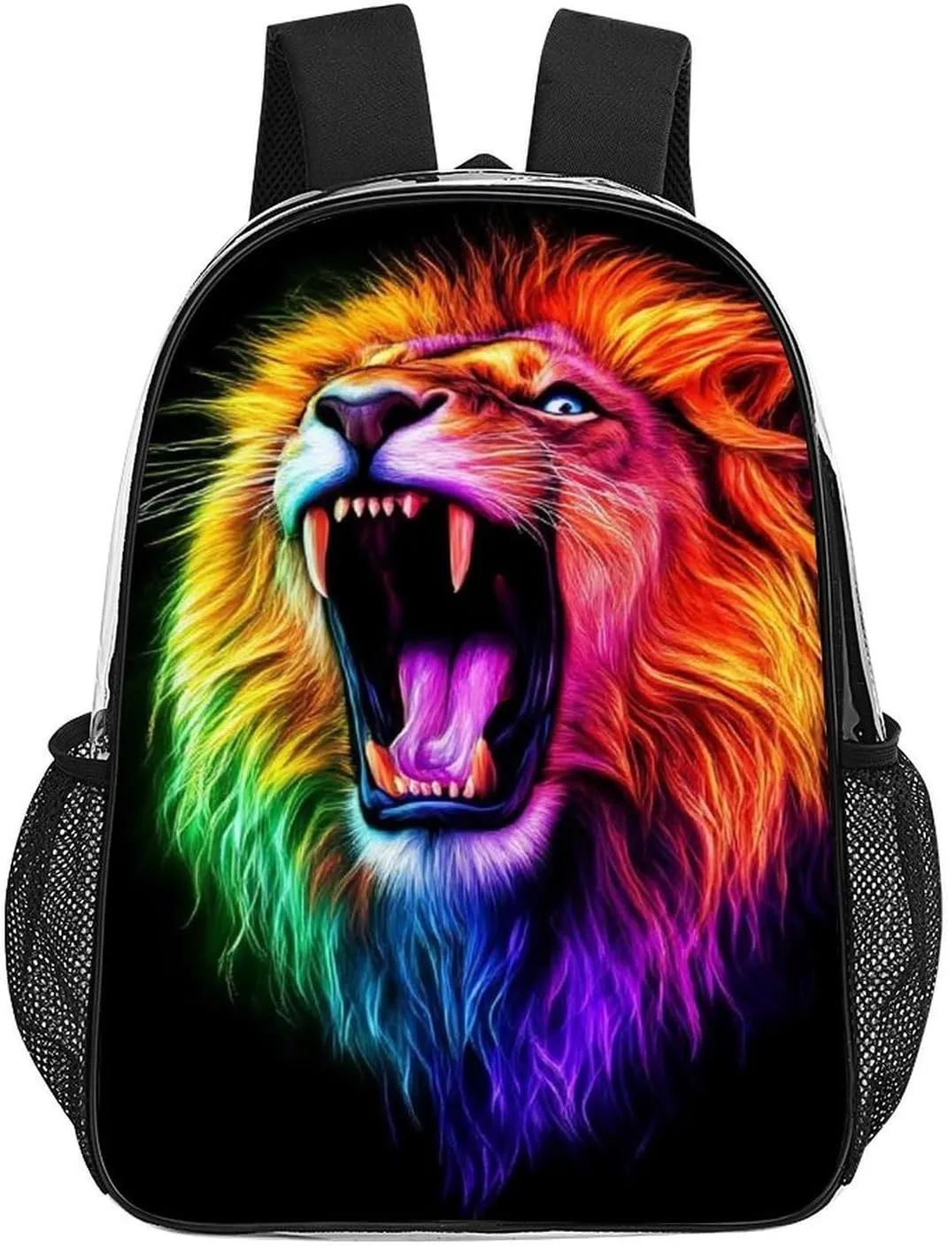 Men Women Transparent Cool Lion Colorful Fire Art Casual Daypack Large Capacity Carry On Bag With Adjustable Shoulder Straps for Camping Work Running
