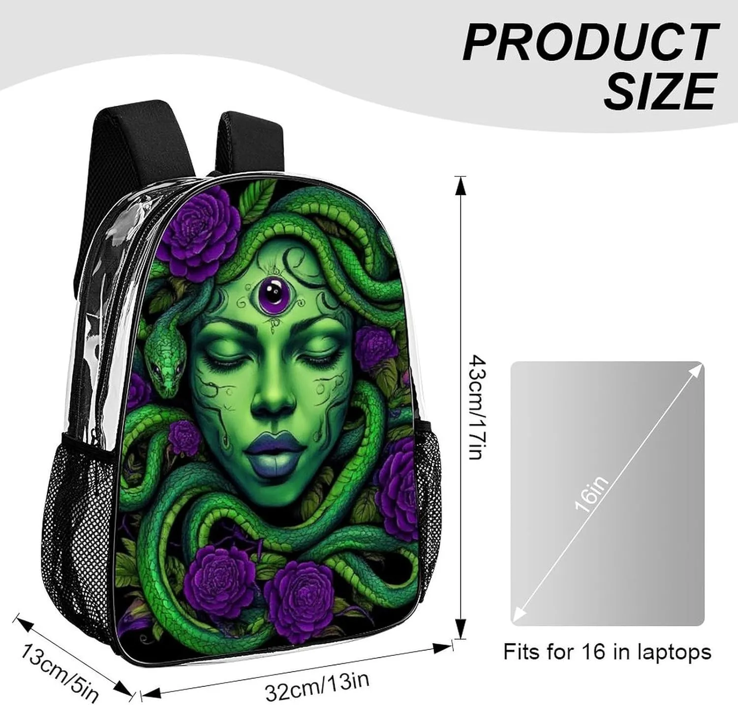 Men Women Transparent Greek Goddess Snake Queen Medusa With Purple Rose Art Daypack Big Capacity Shoulder Bag With Adjustable Shoulder Straps for Camping Travel Walking Cycling