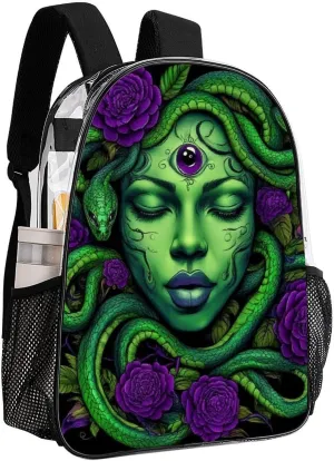 Men Women Transparent Greek Goddess Snake Queen Medusa With Purple Rose Art Daypack Big Capacity Shoulder Bag With Adjustable Shoulder Straps for Camping Travel Walking Cycling
