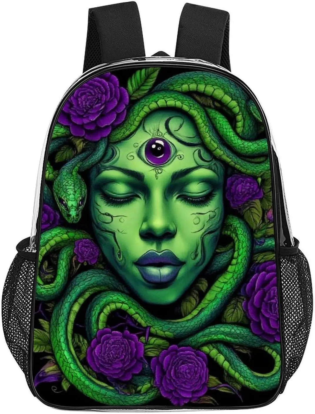 Men Women Transparent Greek Goddess Snake Queen Medusa With Purple Rose Art Daypack Big Capacity Shoulder Bag With Adjustable Shoulder Straps for Camping Travel Walking Cycling