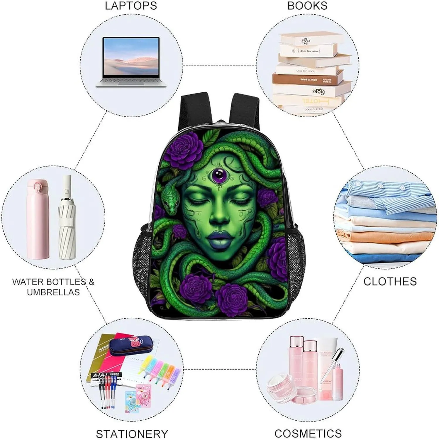 Men Women Transparent Greek Goddess Snake Queen Medusa With Purple Rose Art Daypack Big Capacity Shoulder Bag With Adjustable Shoulder Straps for Camping Travel Walking Cycling