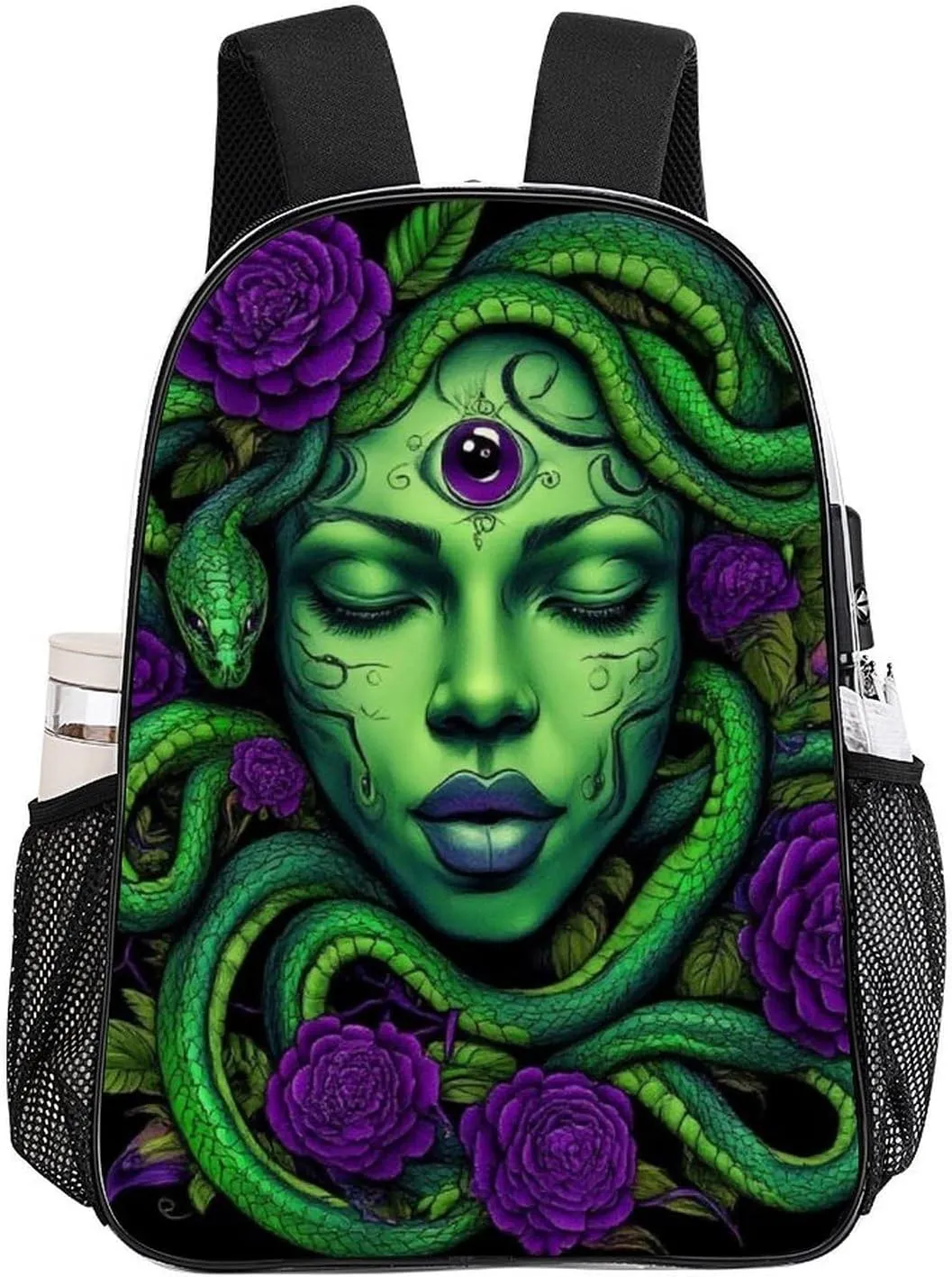 Men Women Transparent Greek Goddess Snake Queen Medusa With Purple Rose Art Daypack Big Capacity Shoulder Bag With Adjustable Shoulder Straps for Camping Travel Walking Cycling