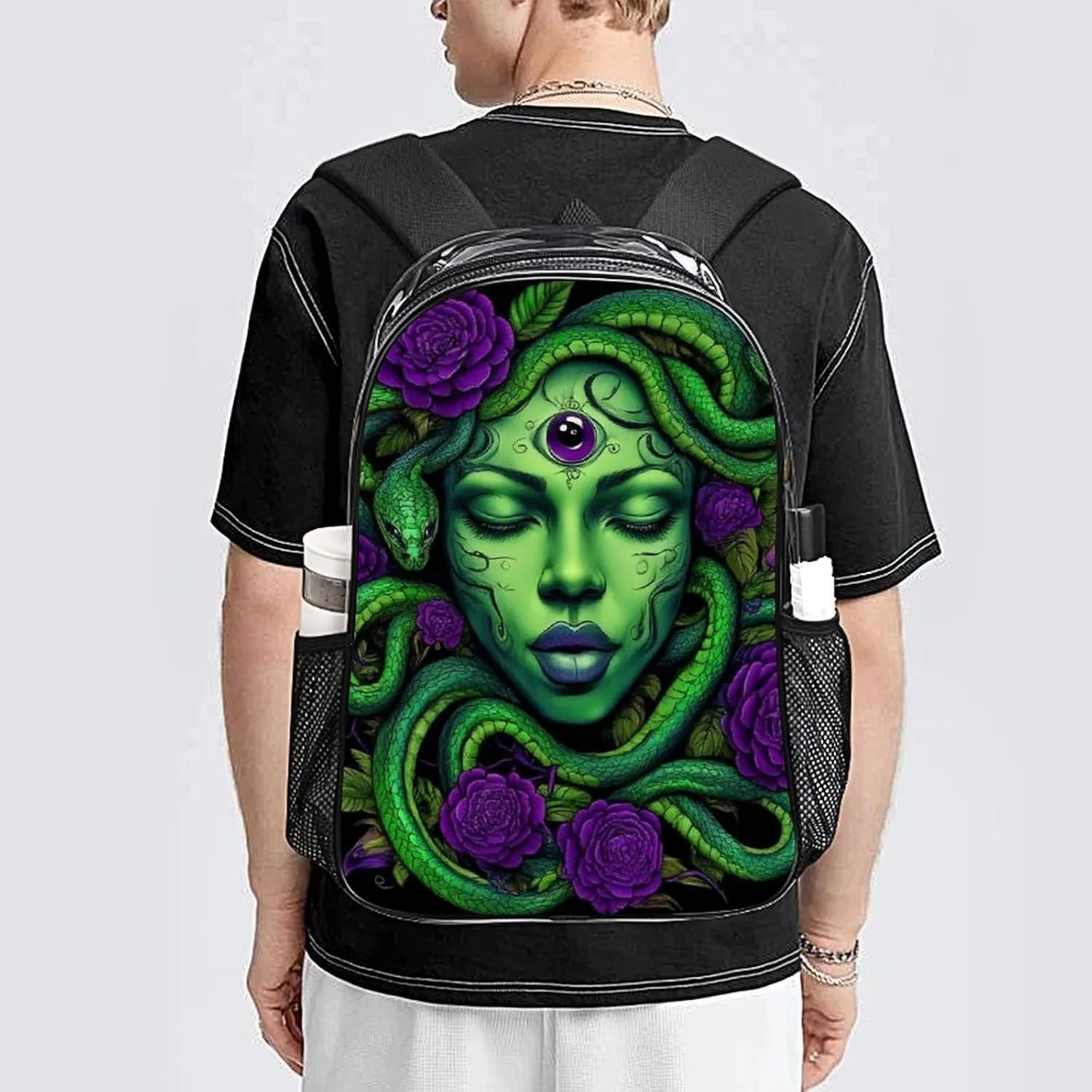 Men Women Transparent Greek Goddess Snake Queen Medusa With Purple Rose Art Daypack Big Capacity Shoulder Bag With Adjustable Shoulder Straps for Camping Travel Walking Cycling