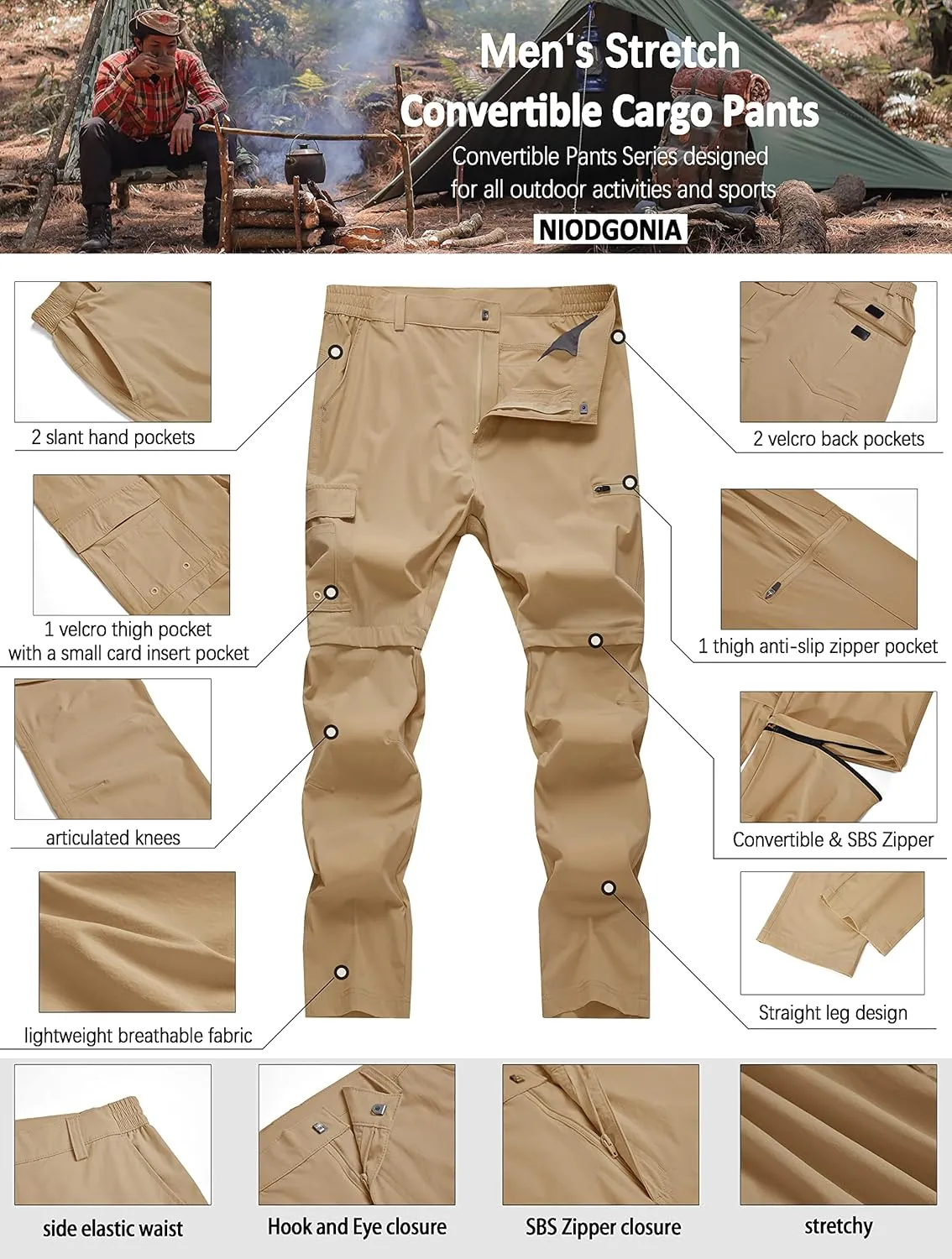 Mens Hiking Convertible Pants Waterproof Lightweight Quick Dry Zip Off Fishing Outdoor Cargo Work Trekking Trousers