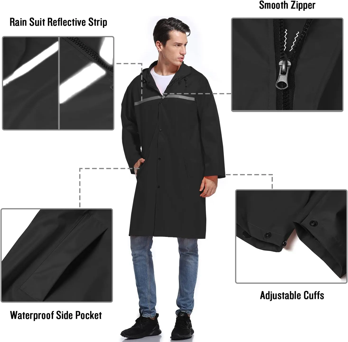 Mens Long Hooded Safety Rain Jacket Waterproof Emergency Raincoat Poncho