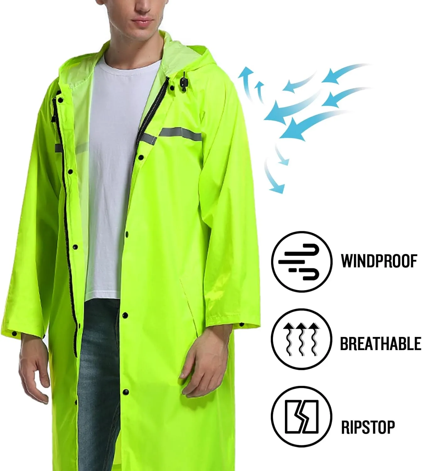 Mens Long Hooded Safety Rain Jacket Waterproof Emergency Raincoat Poncho