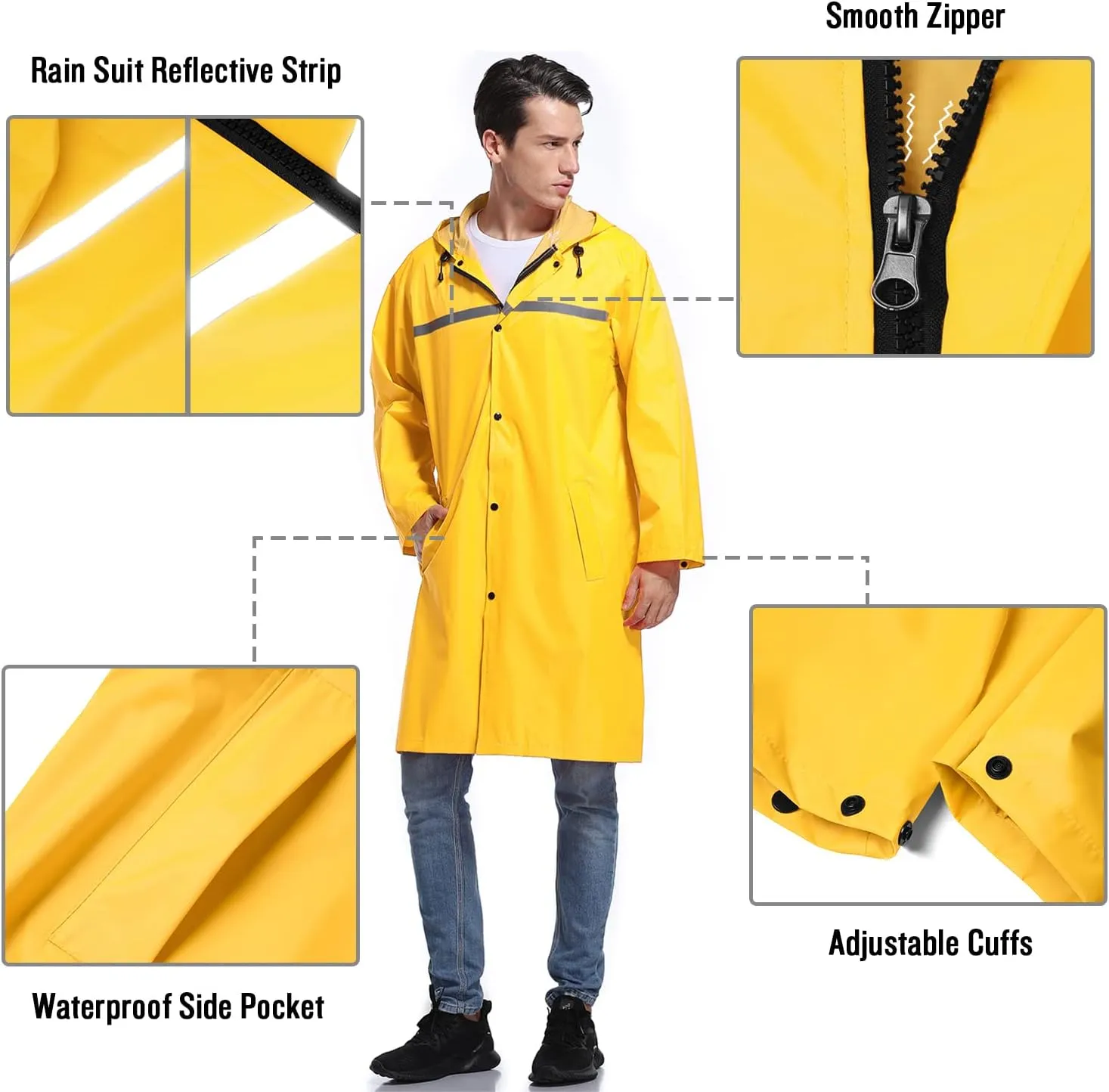 Mens Long Hooded Safety Rain Jacket Waterproof Emergency Raincoat Poncho