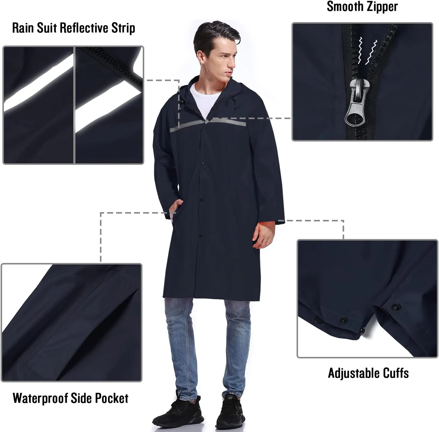 Mens Long Hooded Safety Rain Jacket Waterproof Emergency Raincoat Poncho