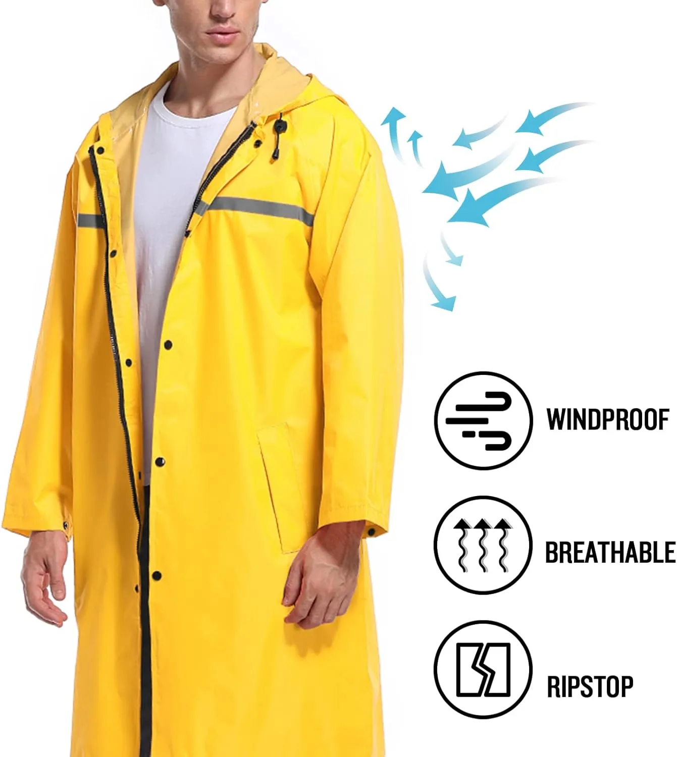 Mens Long Hooded Safety Rain Jacket Waterproof Emergency Raincoat Poncho
