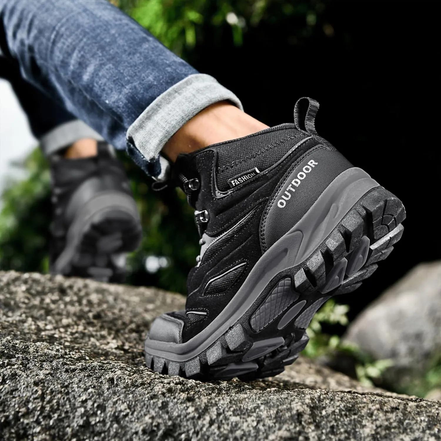 Men's Outdoor Lace-Up Hiking Shoes Fashion Round Toe Breathable Mesh Anti Slip Platform High top Trekking Trail Shoes