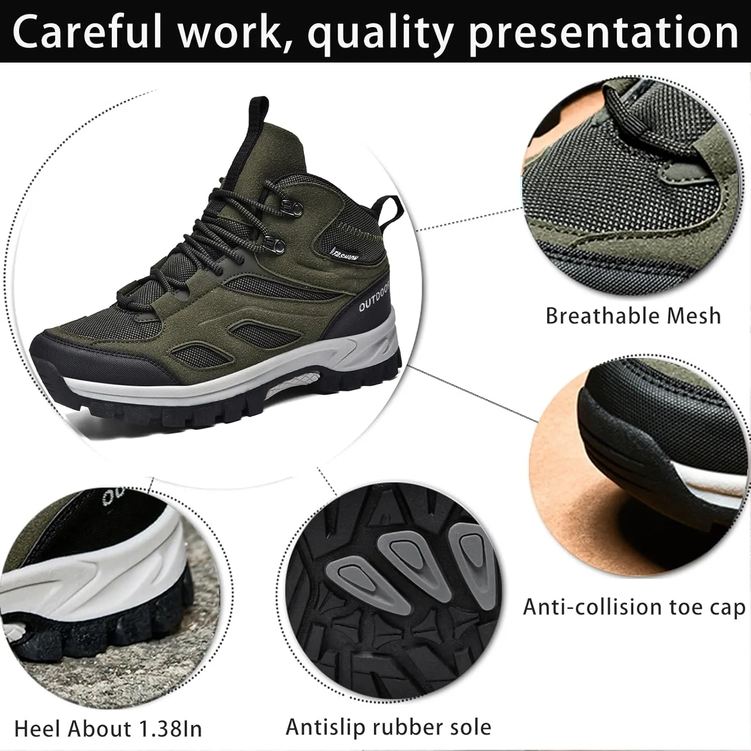 Men's Outdoor Lace-Up Hiking Shoes Fashion Round Toe Breathable Mesh Anti Slip Platform High top Trekking Trail Shoes