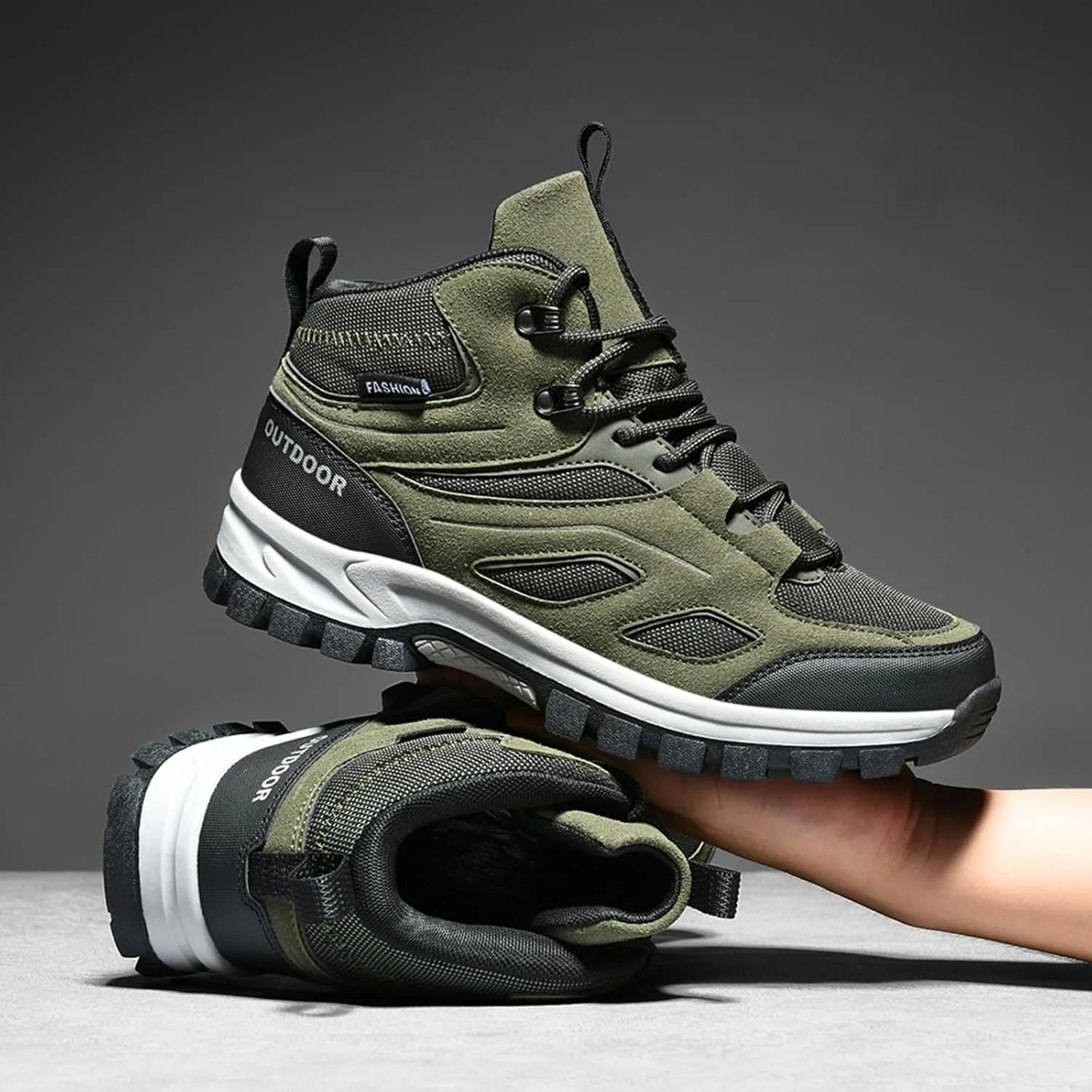Men's Outdoor Lace-Up Hiking Shoes Fashion Round Toe Breathable Mesh Anti Slip Platform High top Trekking Trail Shoes