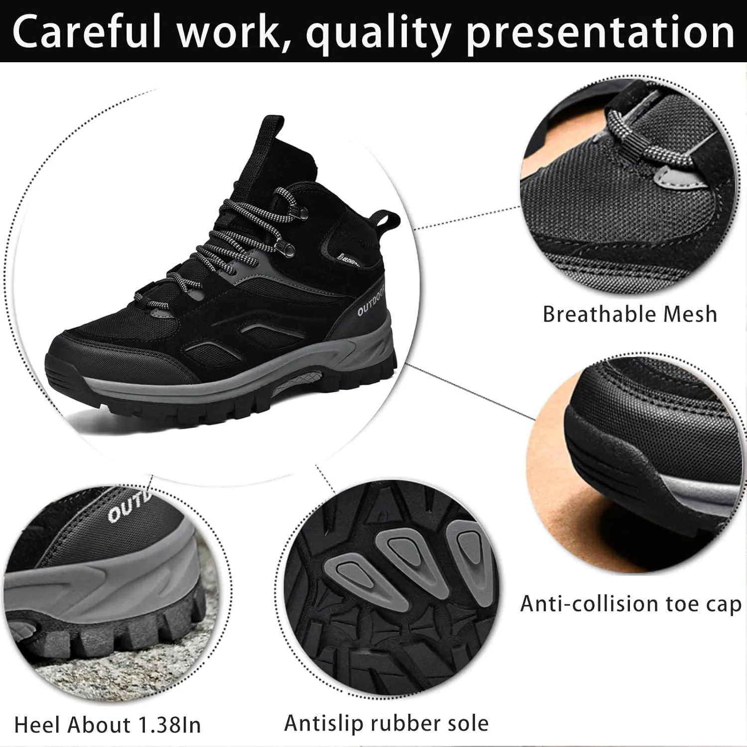 Men's Outdoor Lace-Up Hiking Shoes Fashion Round Toe Breathable Mesh Anti Slip Platform High top Trekking Trail Shoes