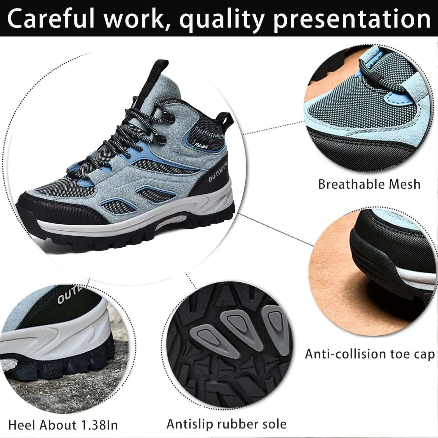 Men's Outdoor Lace-Up Hiking Shoes Fashion Round Toe Breathable Mesh Anti Slip Platform High top Trekking Trail Shoes