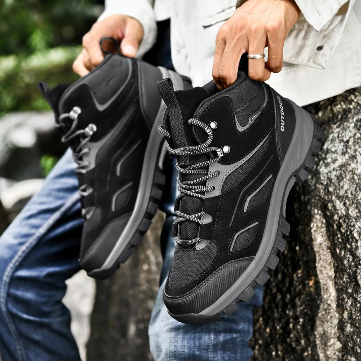 Men's Outdoor Lace-Up Hiking Shoes Fashion Round Toe Breathable Mesh Anti Slip Platform High top Trekking Trail Shoes