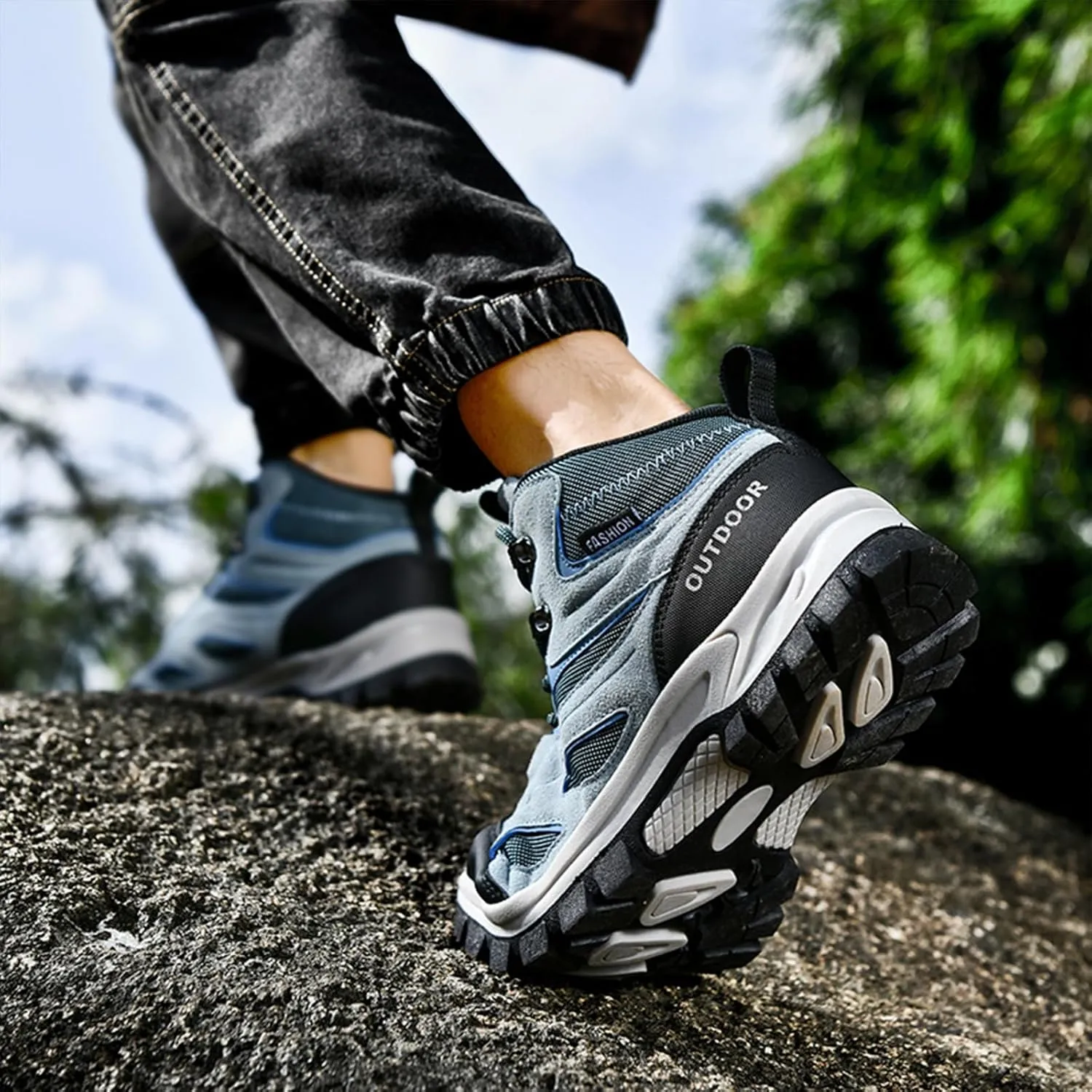 Men's Outdoor Lace-Up Hiking Shoes Fashion Round Toe Breathable Mesh Anti Slip Platform High top Trekking Trail Shoes