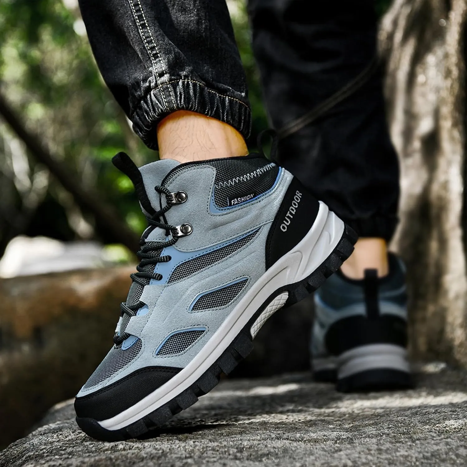 Men's Outdoor Lace-Up Hiking Shoes Fashion Round Toe Breathable Mesh Anti Slip Platform High top Trekking Trail Shoes