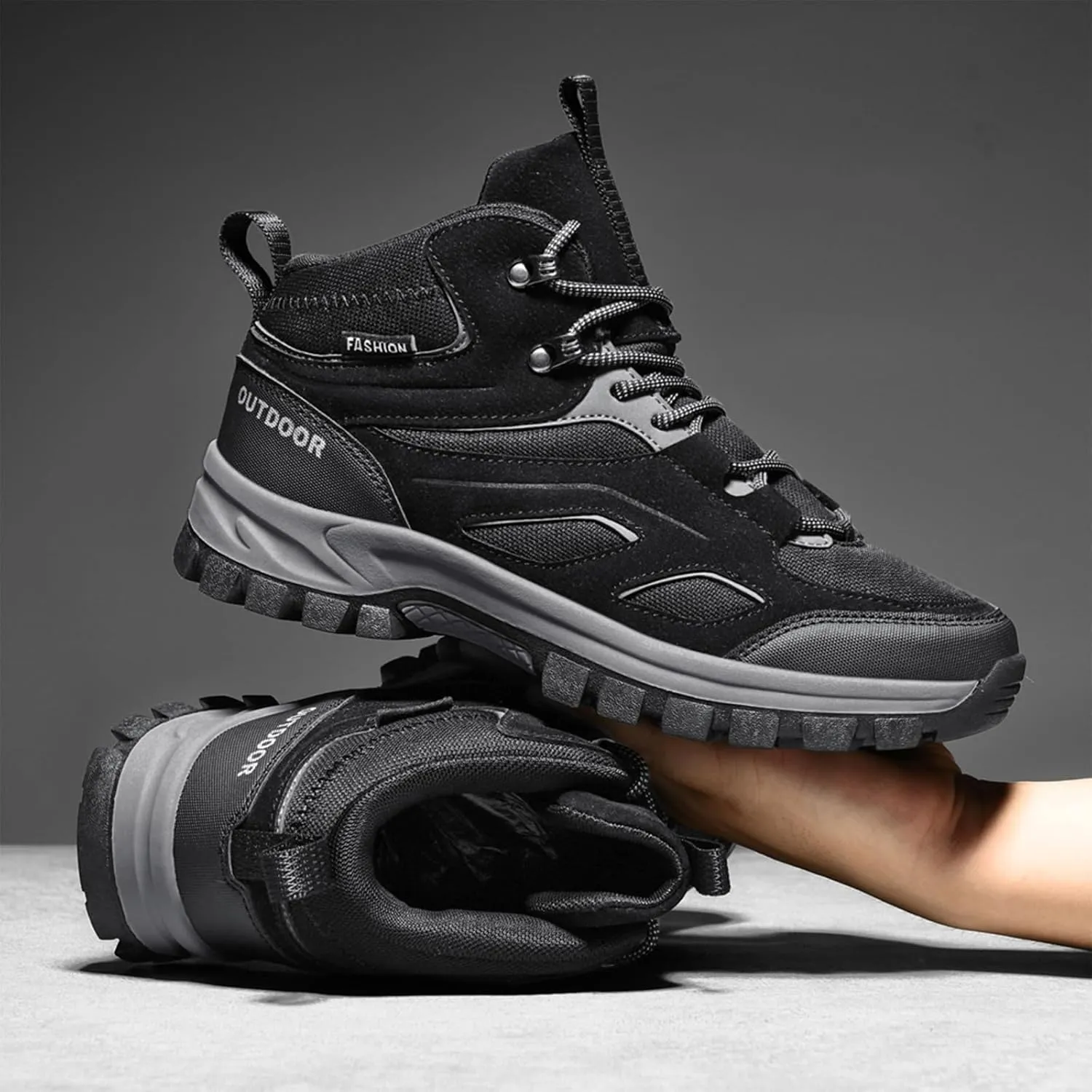 Men's Outdoor Lace-Up Hiking Shoes Fashion Round Toe Breathable Mesh Anti Slip Platform High top Trekking Trail Shoes