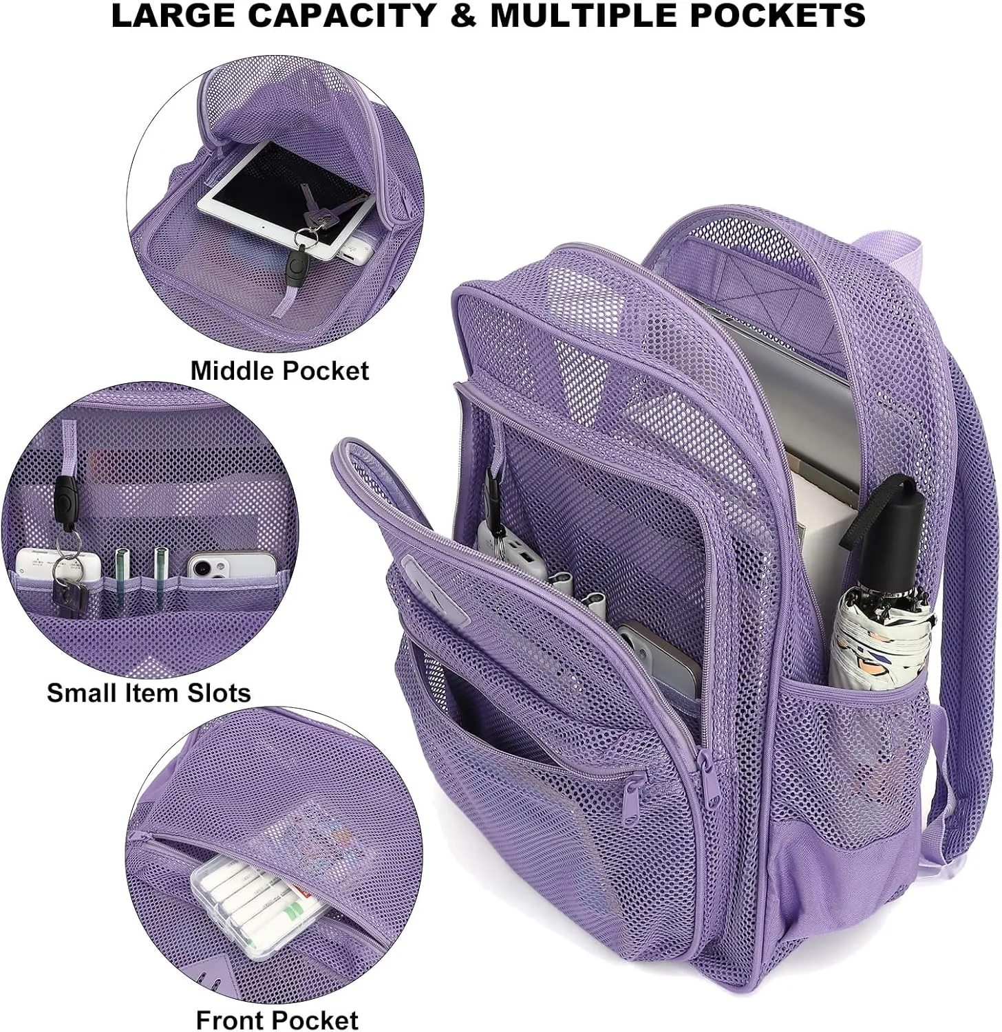 Mesh Bacpack Heavy Duty for School, Lightweight See Through College Backpack for Work Beach Sports (Lavender Purple)