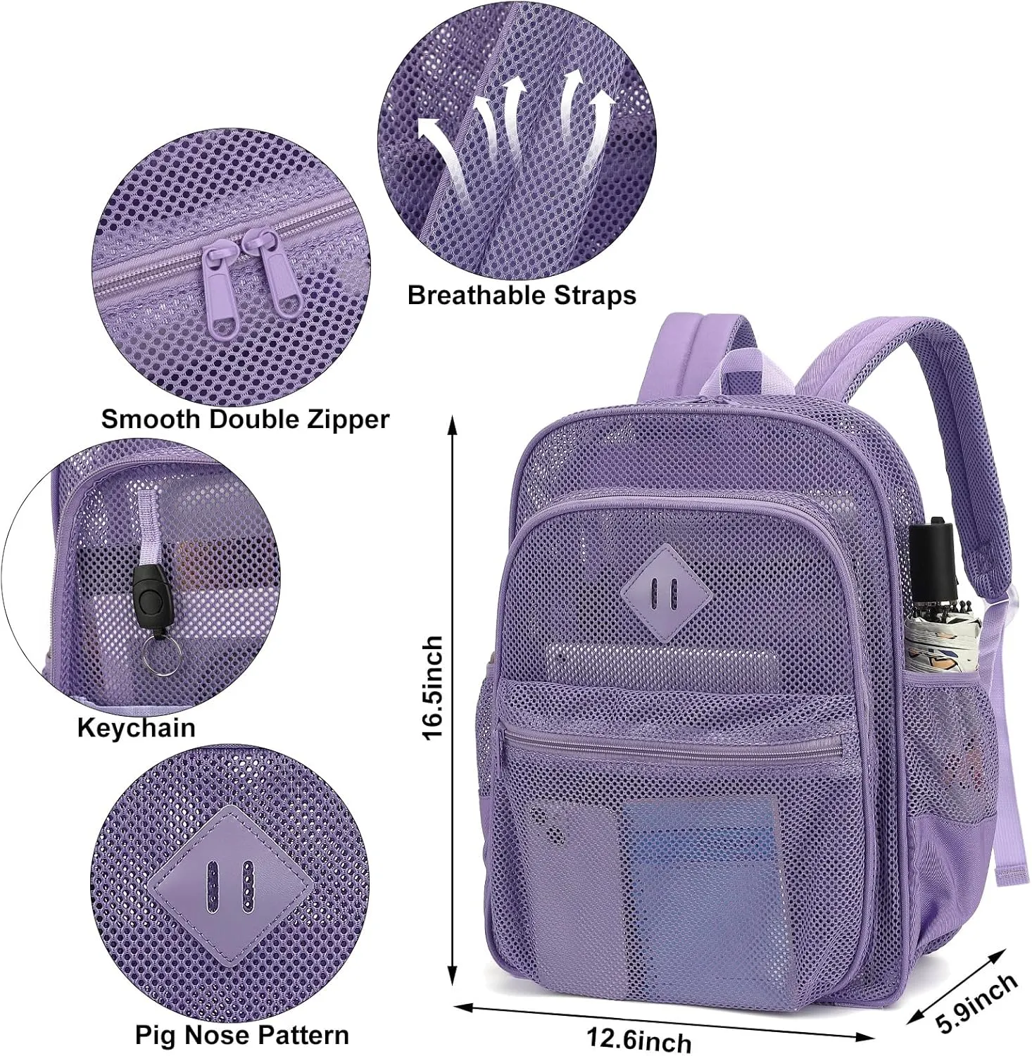 Mesh Bacpack Heavy Duty for School, Lightweight See Through College Backpack for Work Beach Sports (Lavender Purple)