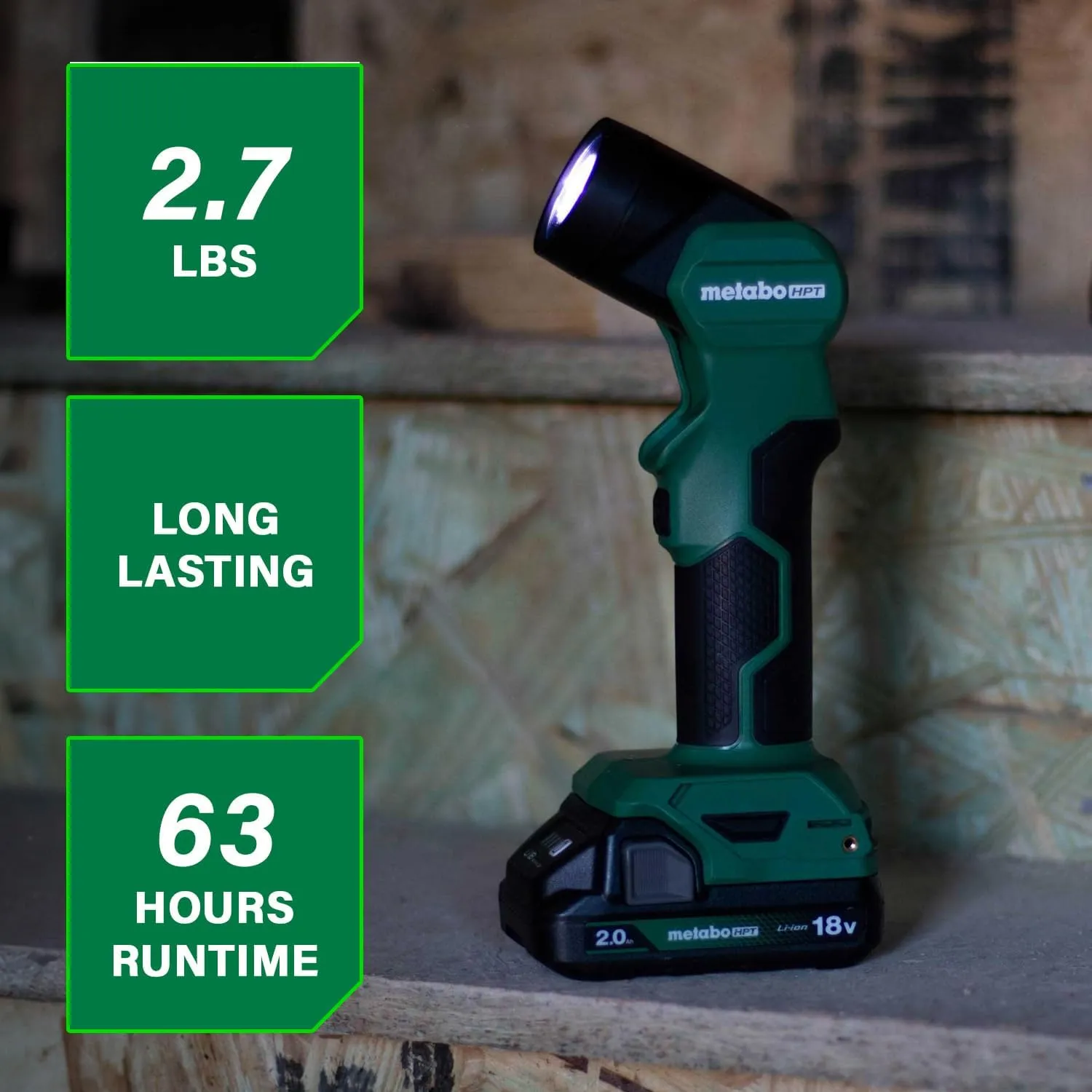 Metabo HPT 18V MultiVolt™ Cordless LED Flash Light, 250 Lumens High Output, 120 Lumens Low Output, 6 Angle Settings, Long Lasting Light, Compact & Lightweight, Power Light, Tool Body Only, UB18DEQ4