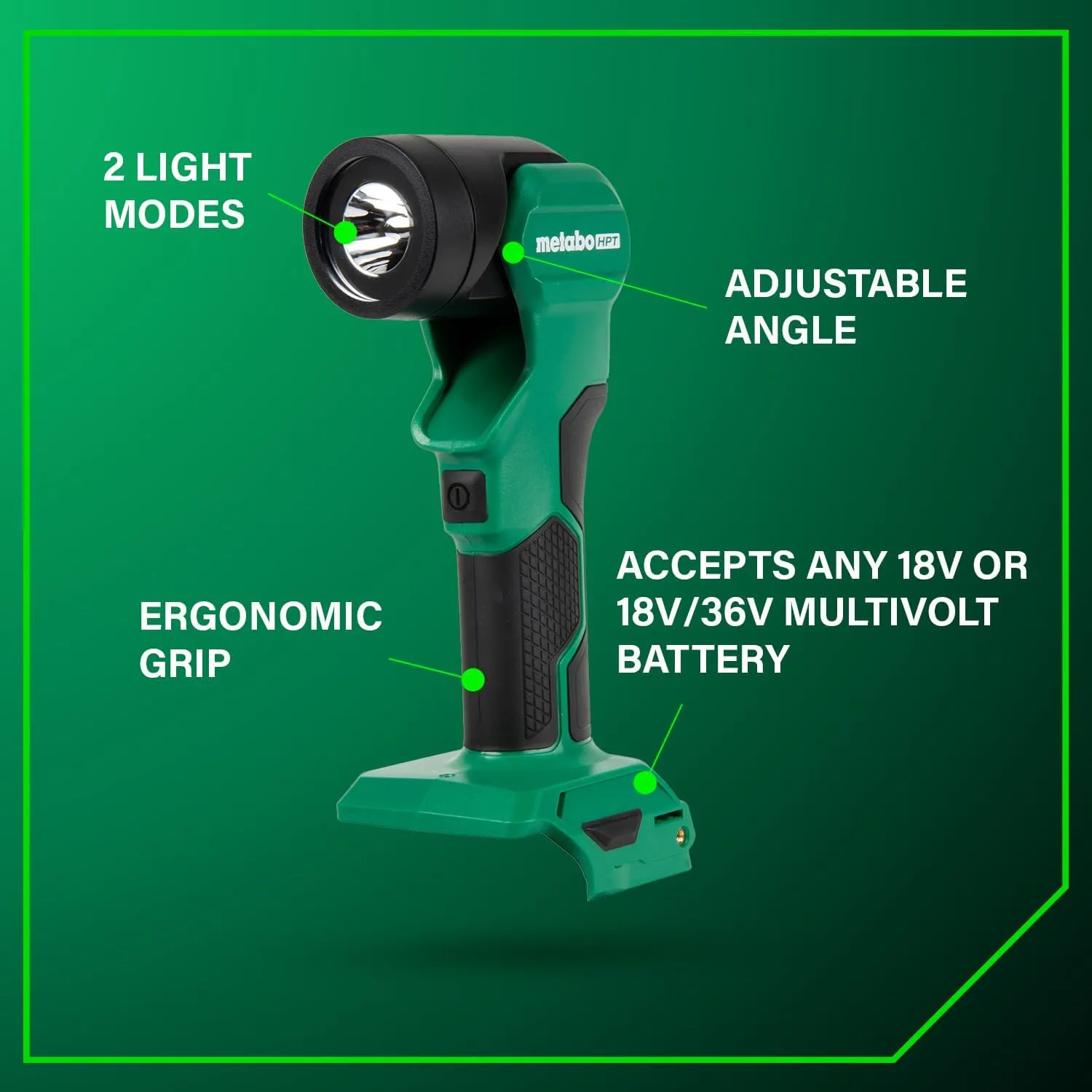 Metabo HPT 18V MultiVolt™ Cordless LED Flash Light, 250 Lumens High Output, 120 Lumens Low Output, 6 Angle Settings, Long Lasting Light, Compact & Lightweight, Power Light, Tool Body Only, UB18DEQ4