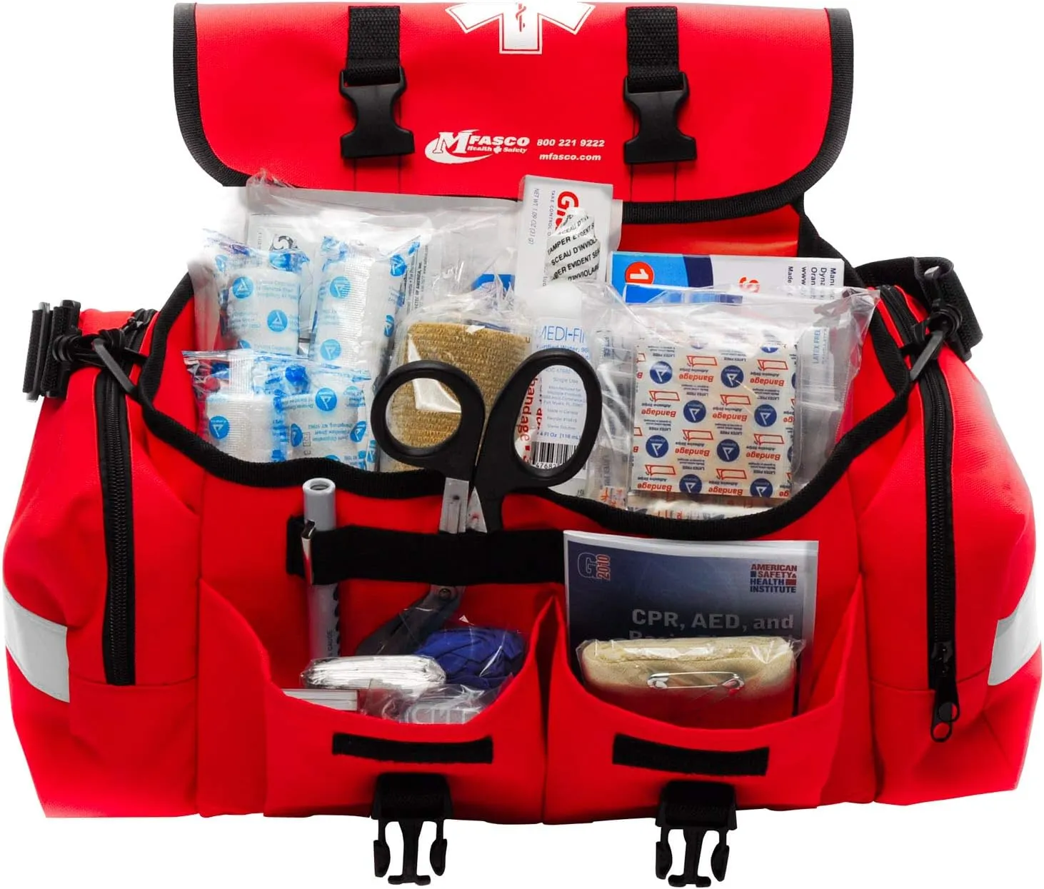 MFASCO First Aid Kit - Fully Stocked Portable Reflective Bag -First Responder Emergency Response Kit -for Natural Disaster Preparedness - Customizable Storage -Includes 415 Pcs First Aid Supplies- Red