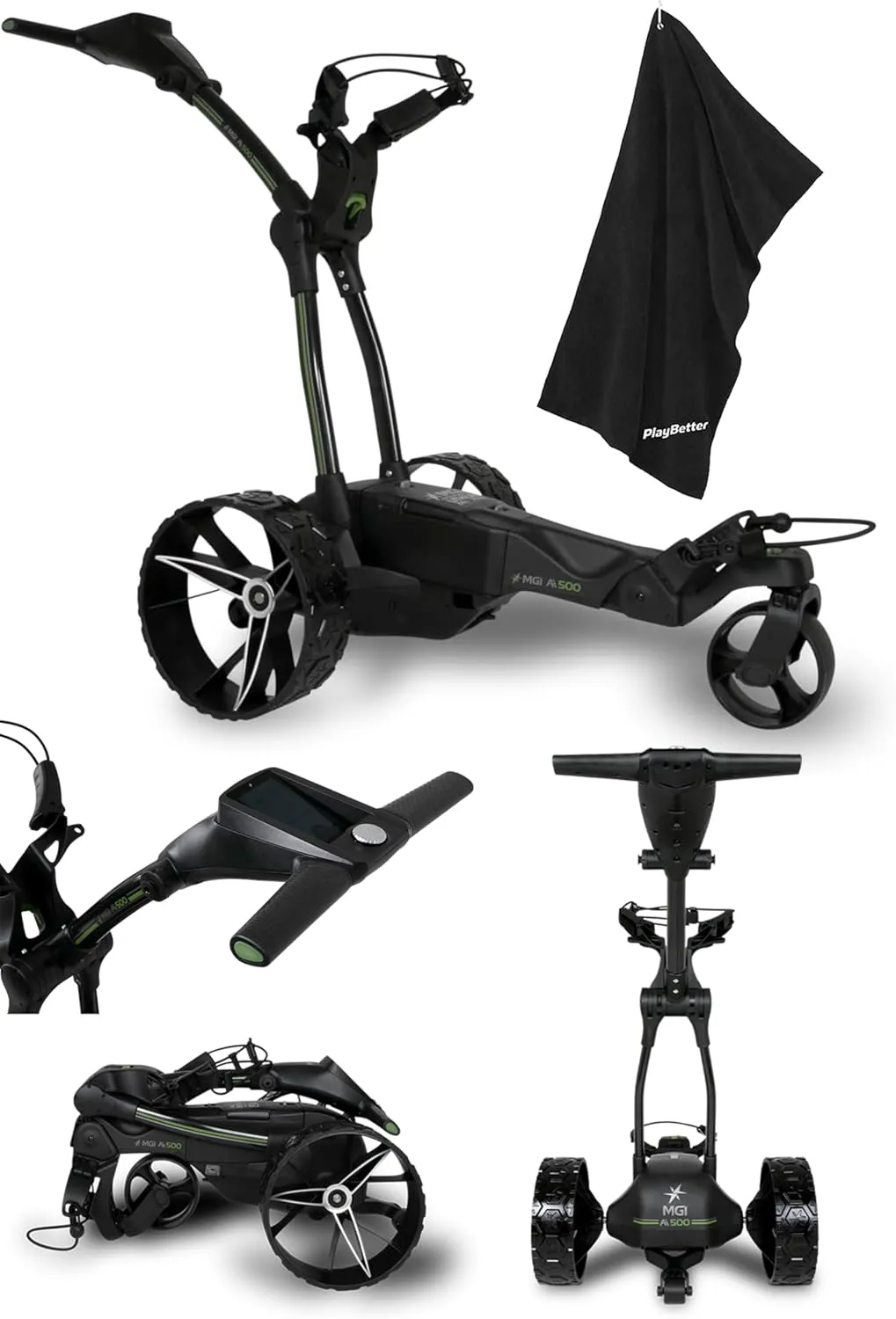 MGI Ai 500 GPS Electric Golf Cart Caddy Bundle - All Terrain, Non Remote Electric Caddy with 36 Hole Battery, 4" Full-Color Touchscreen Display, 40K Courses with PlayBetter Extra Large Caddy Towel