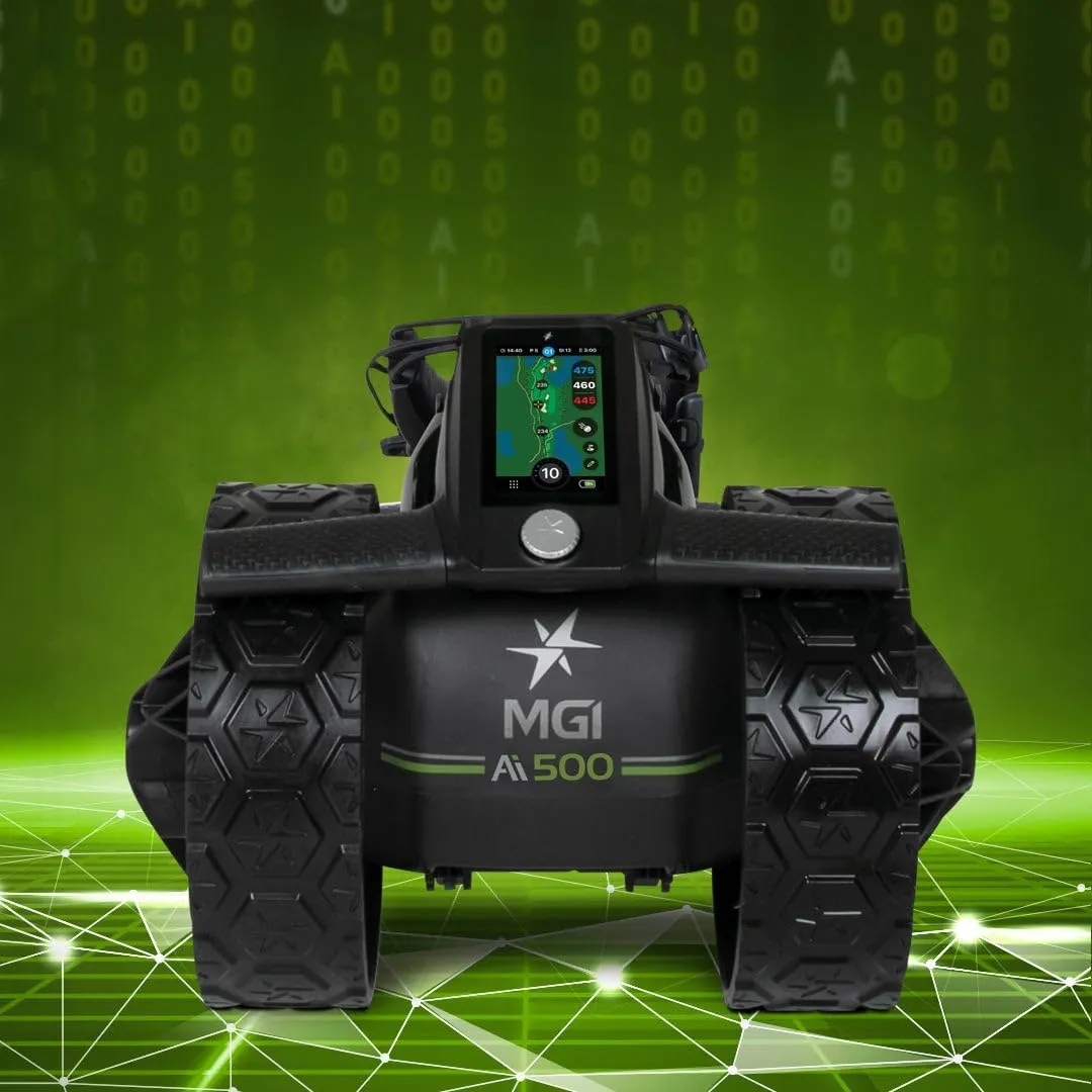 MGI Ai 500 GPS Electric Golf Cart Caddy Bundle - All Terrain, Non Remote Electric Caddy with 36 Hole Battery, 4" Full-Color Touchscreen Display, 40K Courses with PlayBetter Extra Large Caddy Towel