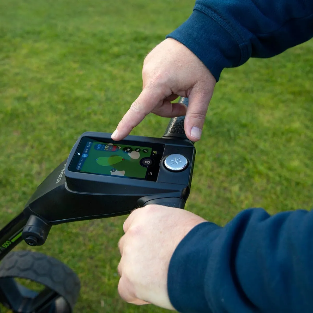 MGI Ai 500 GPS Electric Golf Cart Caddy Bundle - All Terrain, Non Remote Electric Caddy with 36 Hole Battery, 4" Full-Color Touchscreen Display, 40K Courses with PlayBetter Extra Large Caddy Towel