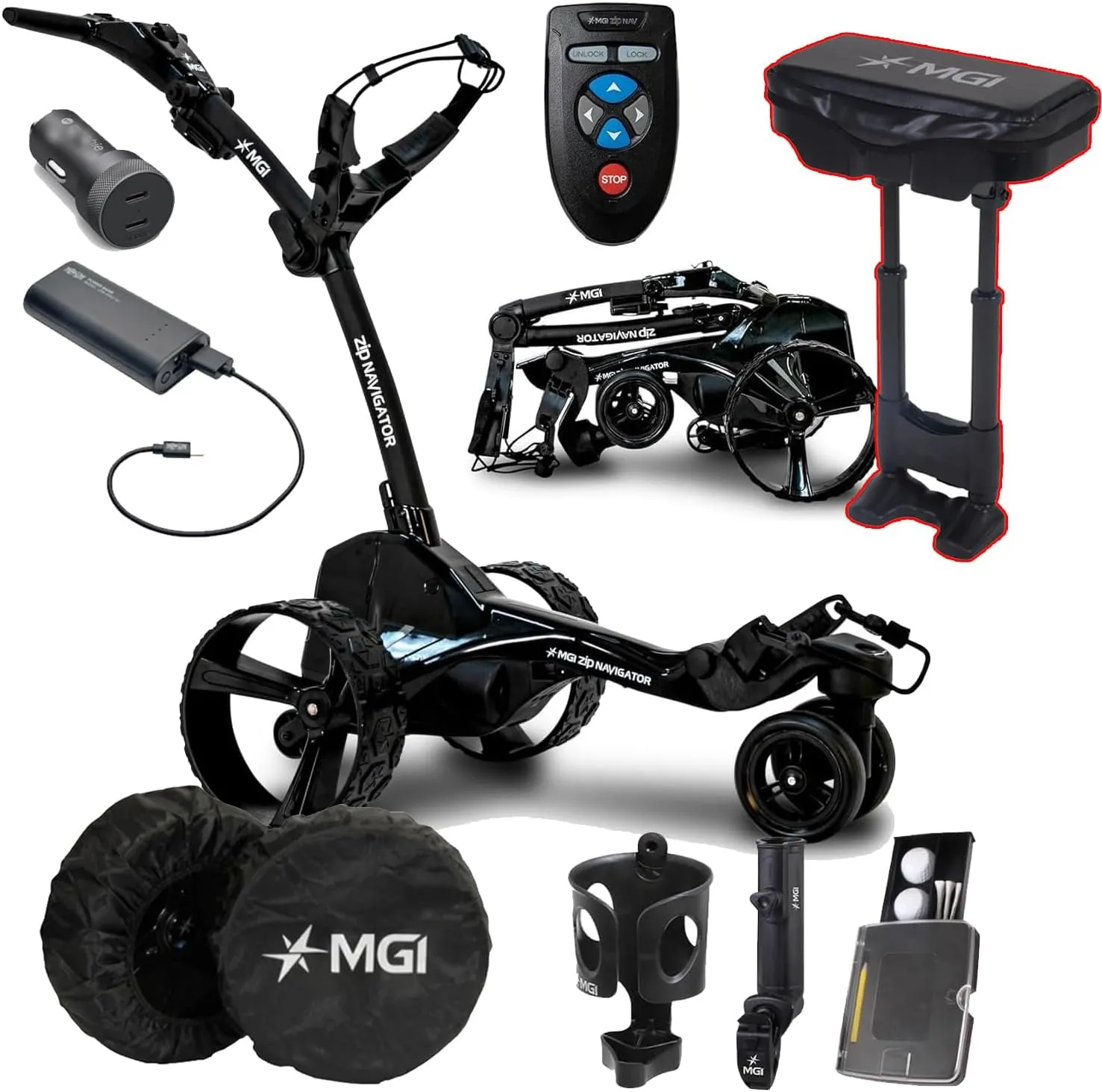 MGI Remote Controlled Zip Navigator Golf Cart with Accessories | Power Bundle | 3-Year Warranty | 36 Holes Extended Battery (Power Bundle & Seat)