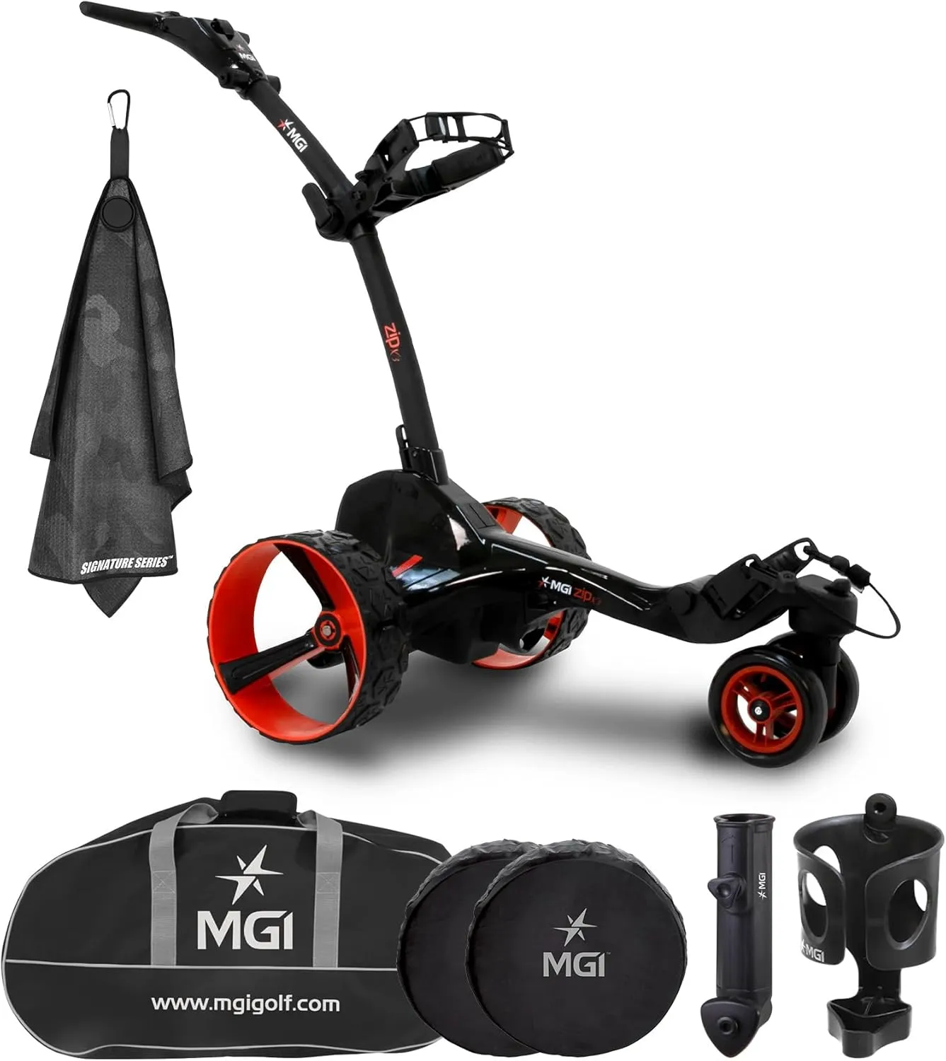 MGI Zip X3 Electric Golf Push Cart with Travel Bag Bundle | Zip Folding Caddy, All-Terrain Wheels, Plays 36 Holes, Adjustable Speed, Display Screen, Odometer | Signature Series Golf Towel
