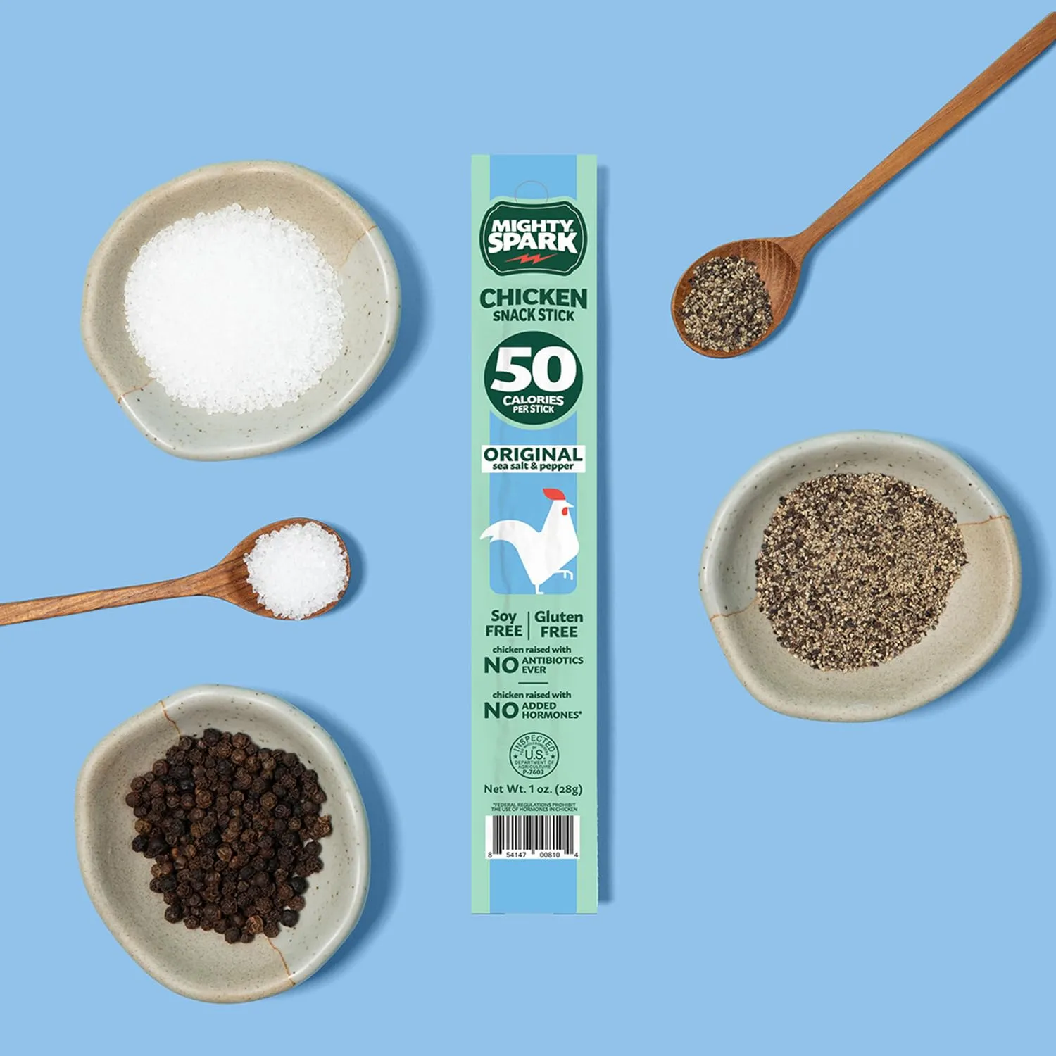 Mighty Spark Chicken Snack Sticks - Original Sea Salt & Pepper- 6g of Protein, No Antibiotics Ever, No Hormones Added, Gluten Free, Soy Free Meat Sticks - High Protein Keto Snacks - 12 Count