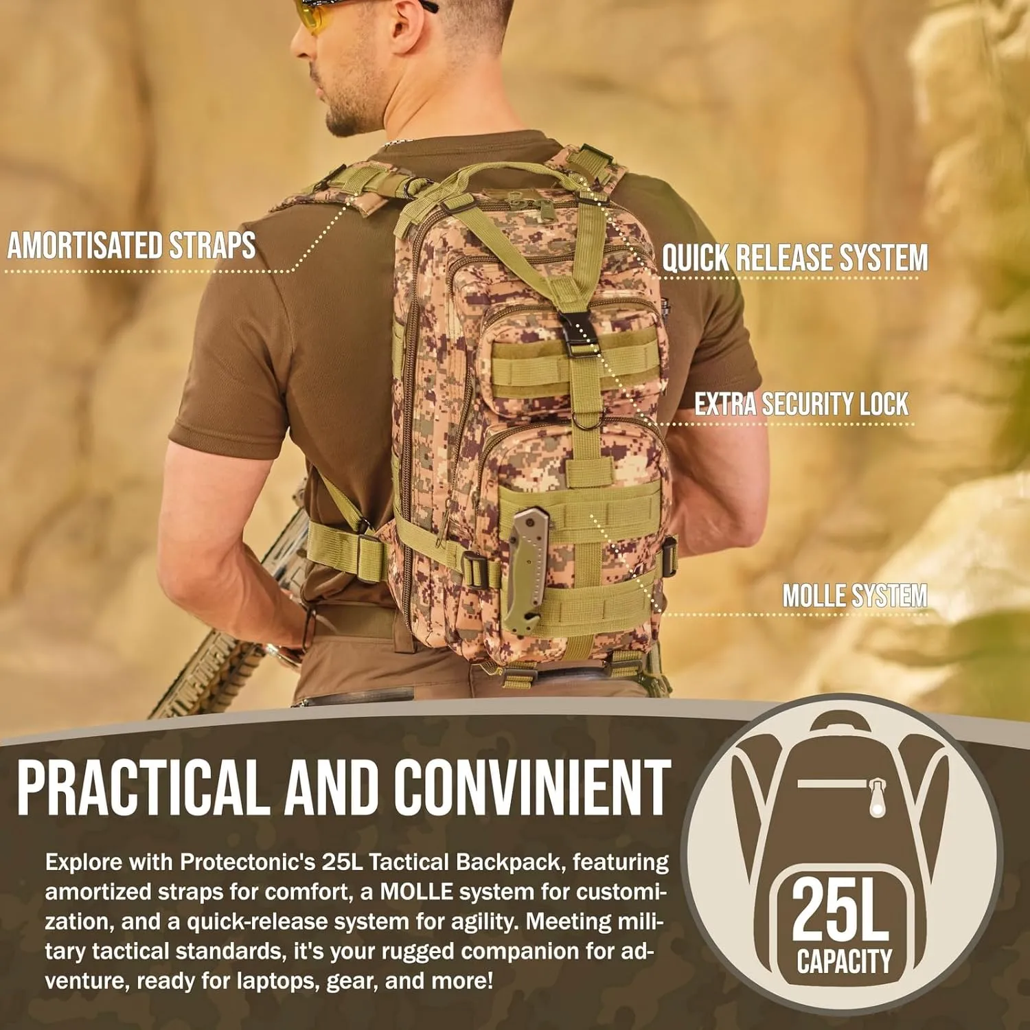 Military Rucksack – Tactical Backpack with MOLLE Modular Design – 25L Woodland Backpack for Hiking and Camping – Lightweight Backpack for Men – 900D Oxford Material