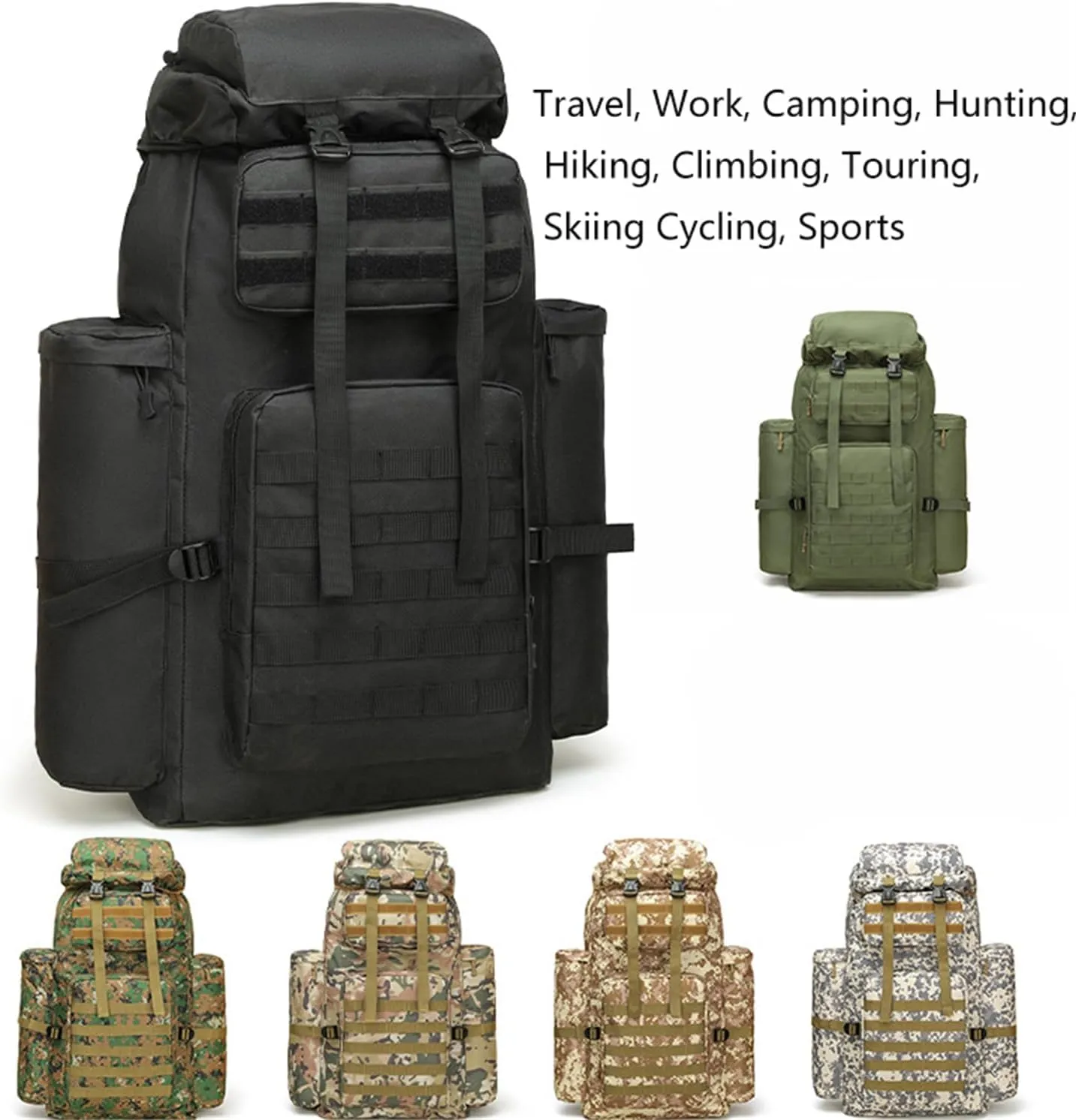 Military Tactical Backpack for Men, 100L Waterproof Camping Hiking Travel Hunting Daypack, Heavy Duty, Adjustable Straps (Camo-2)