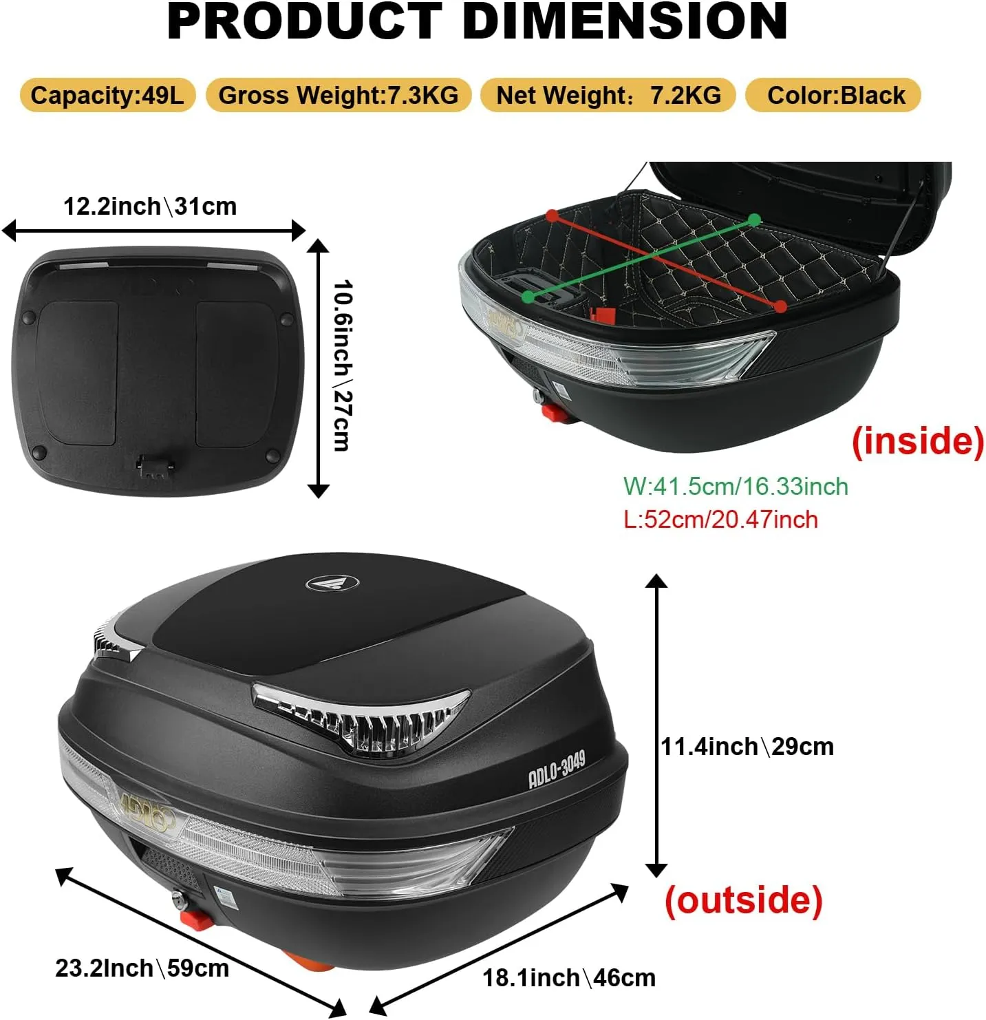 Mingting Universal Motorcycle Rear Top Box Tail Trunk Luggage Case,49 Litre Hard Case with Mounting Hardware, Black