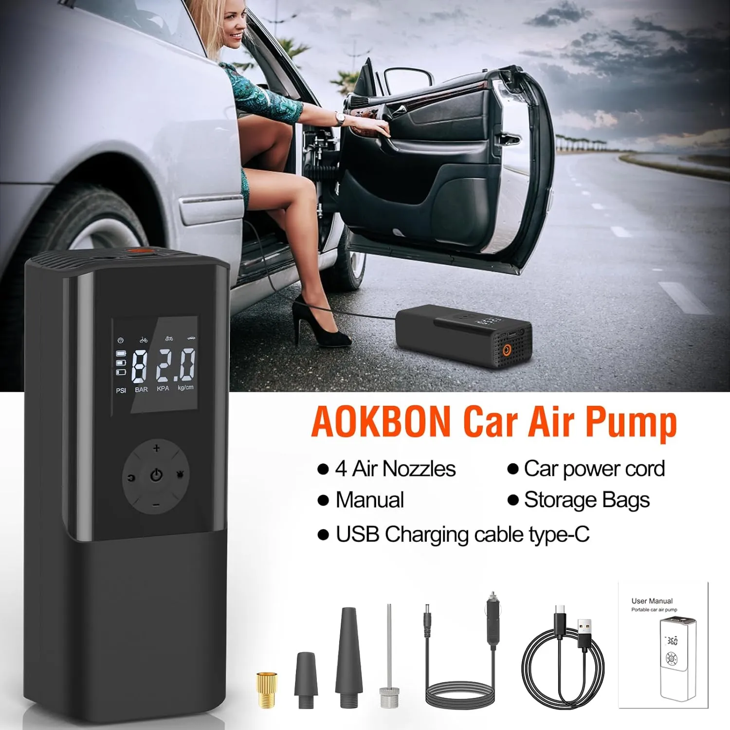 Mini Portable Air Compressor 150 PSI Rechargeable Electric Air Pump DC12V Tire Inflator with Digital Display LED Light USB Charging for Car Motorcycle Ball Outdoor