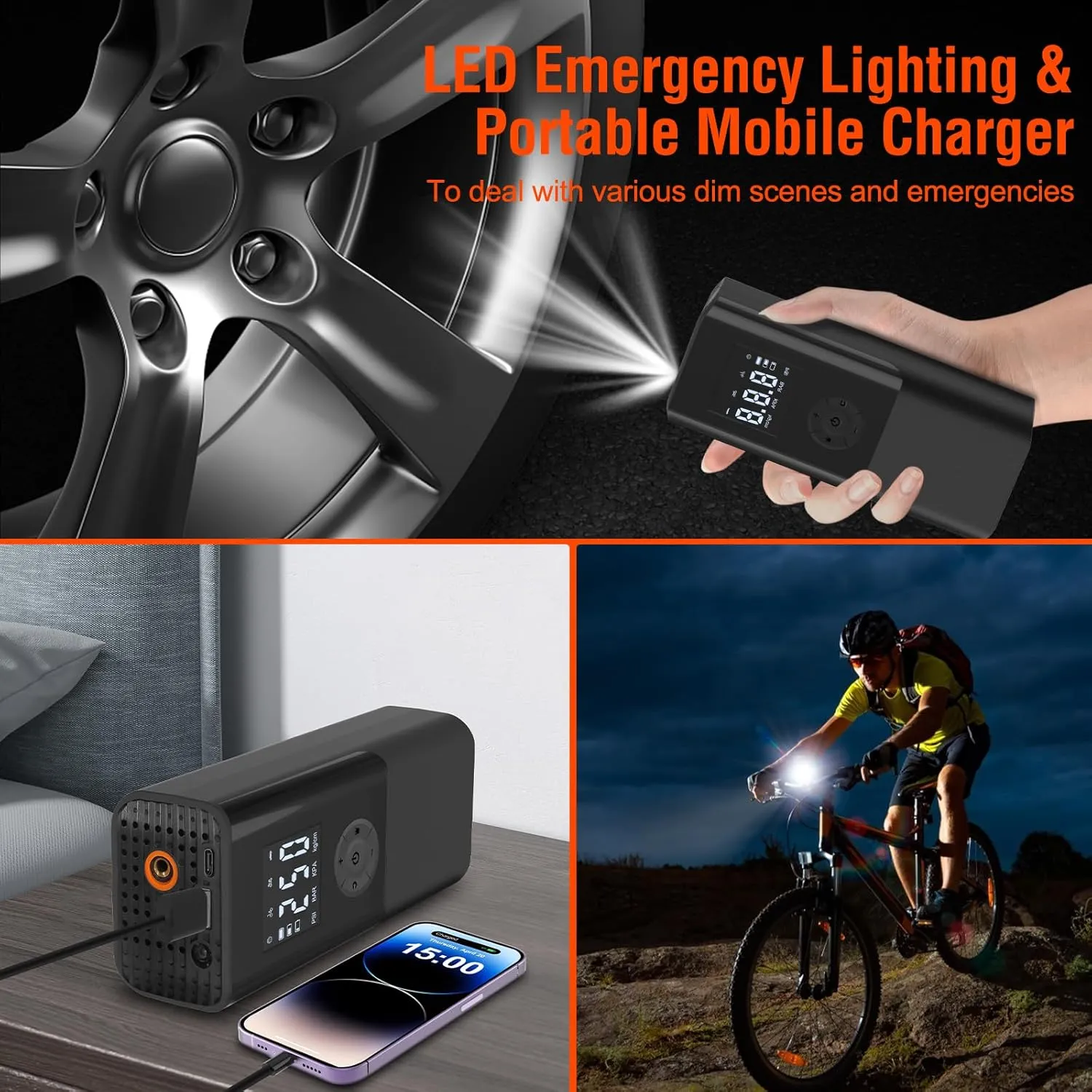 Mini Portable Air Compressor 150 PSI Rechargeable Electric Air Pump DC12V Tire Inflator with Digital Display LED Light USB Charging for Car Motorcycle Ball Outdoor