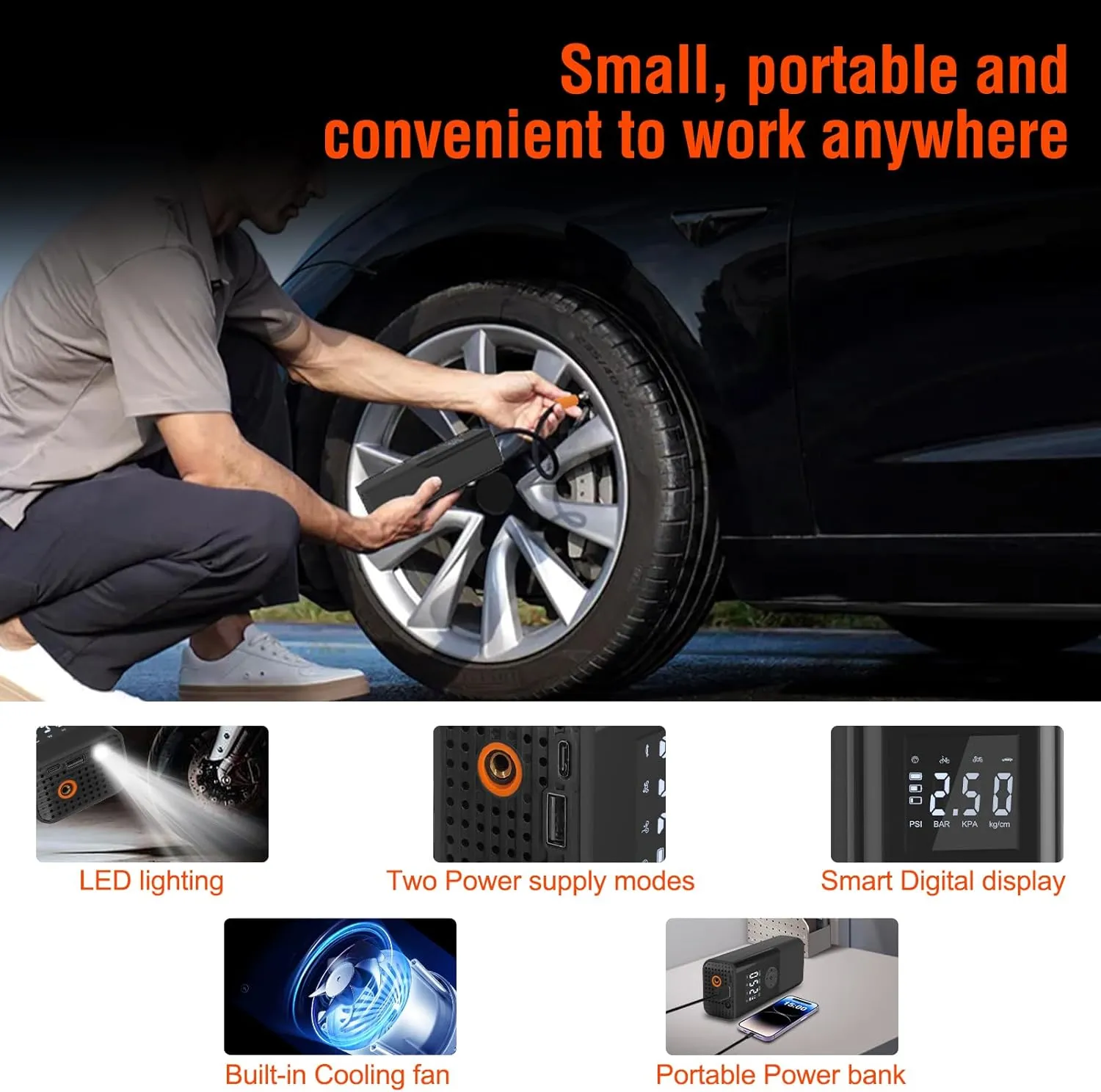 Mini Portable Air Compressor 150 PSI Rechargeable Electric Air Pump DC12V Tire Inflator with Digital Display LED Light USB Charging for Car Motorcycle Ball Outdoor