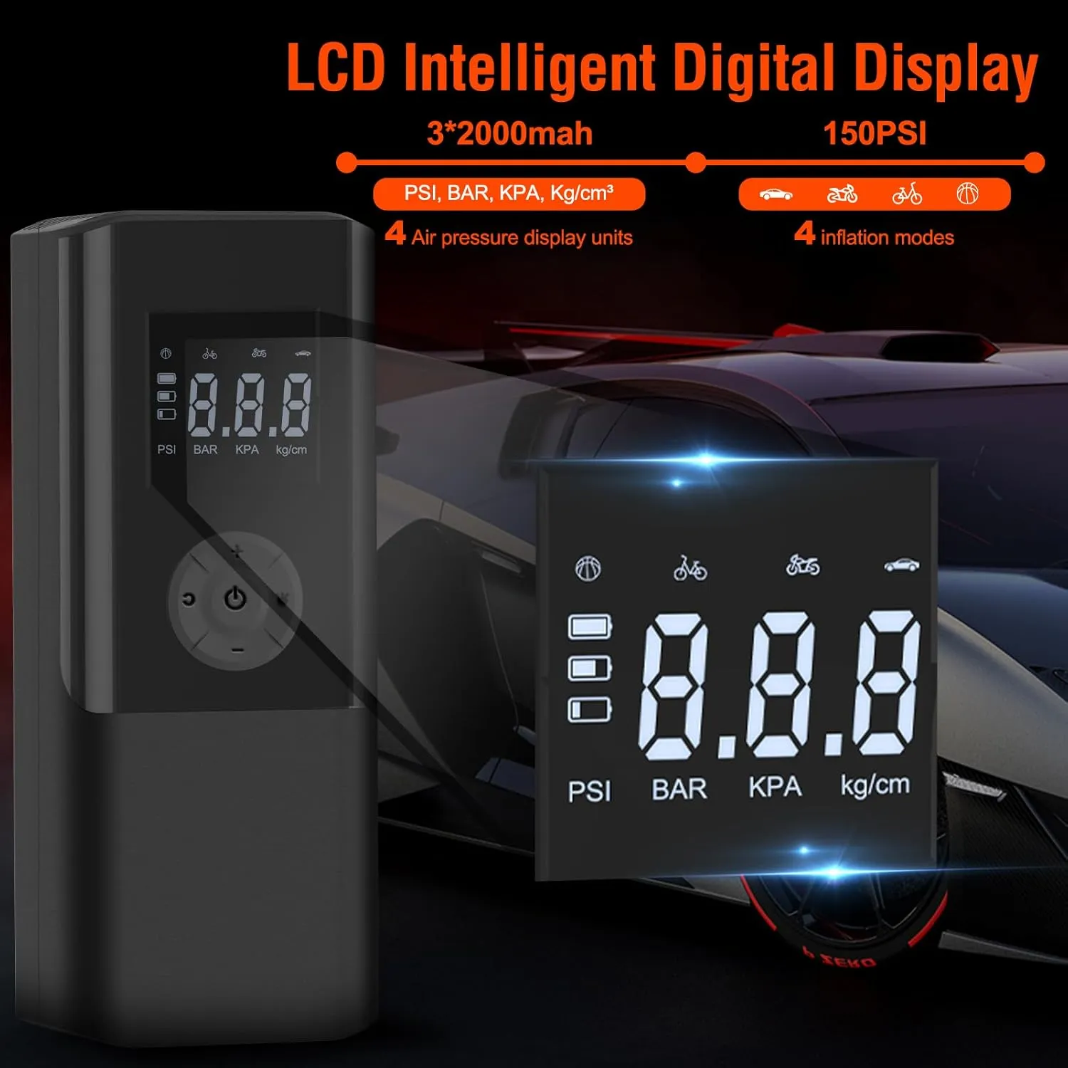 Mini Portable Air Compressor 150 PSI Rechargeable Electric Air Pump DC12V Tire Inflator with Digital Display LED Light USB Charging for Car Motorcycle Ball Outdoor