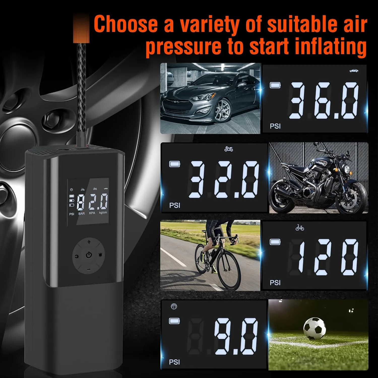 Mini Portable Air Compressor 150 PSI Rechargeable Electric Air Pump DC12V Tire Inflator with Digital Display LED Light USB Charging for Car Motorcycle Ball Outdoor