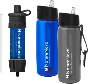 Mini Water Filter NatureNova Portable Emergency Water Filtration(1 Pack,Blue) with Naturenova Water Filter Bottle(2 Pack Blue/Black)