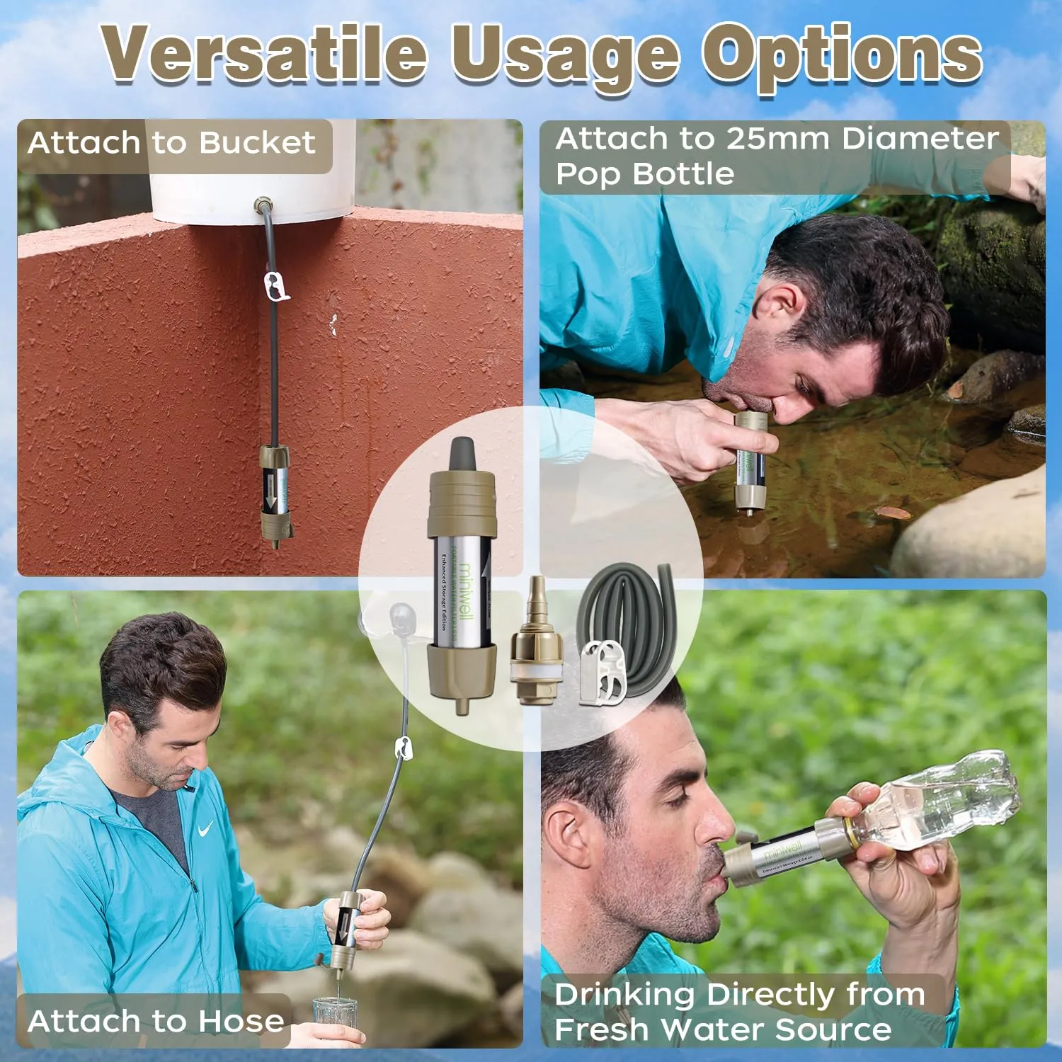 Miniwell L630 Portable Water Filter with Upgraded Vacuum Packaging - 25 Year Storage, Long Lasting and Versatile Usage Options, 2 Pack Filter and 1L Bottles