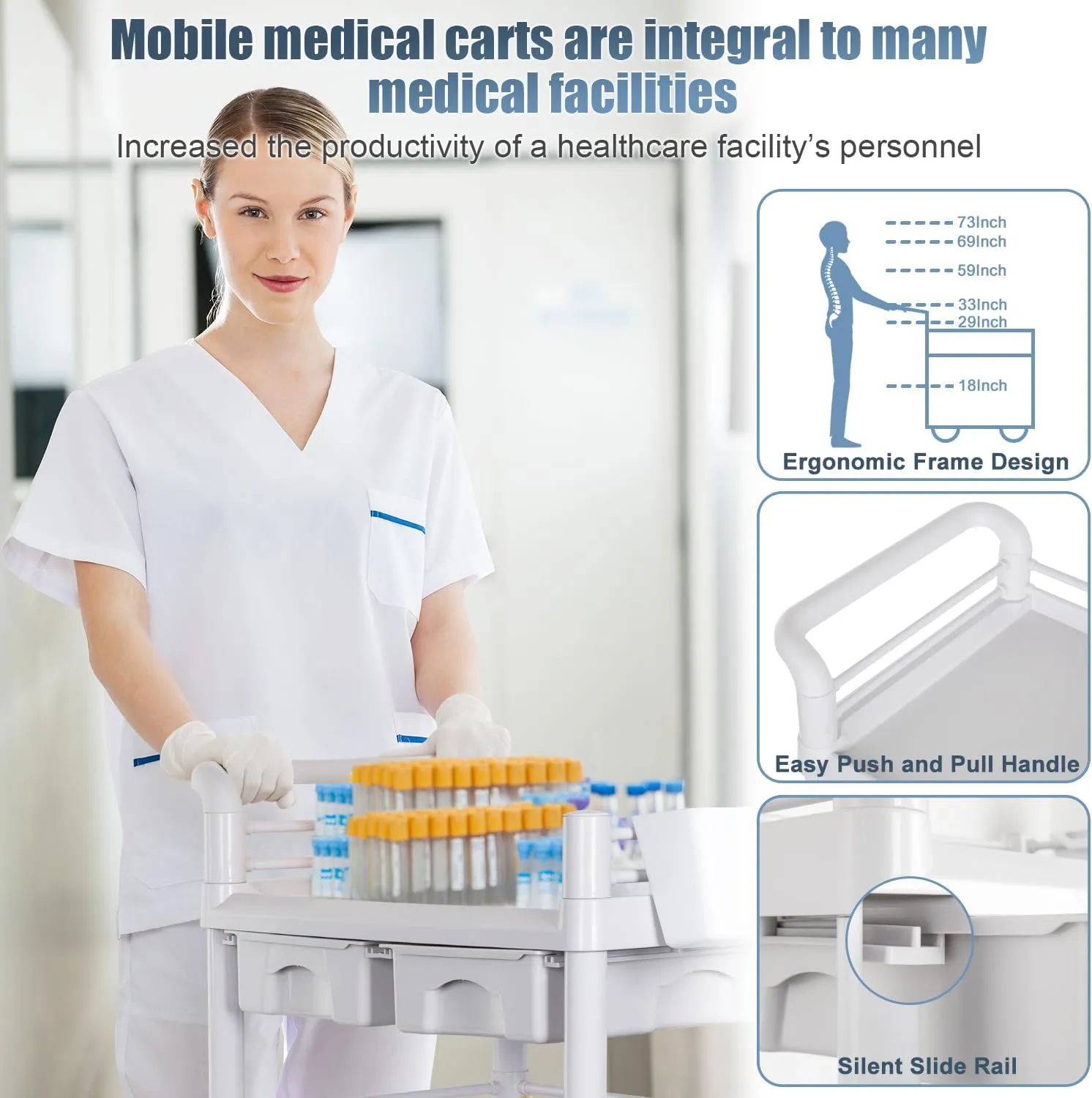 Mobile Medical Carts 3 Tier Professional Utility Cart 330 LBS Max Load Rolling Crash Cart Ultrasound Trolley with Wheels Drawers Dirt Bucket Sharps Box Storage Basket for Hospital Dental Clinic Home