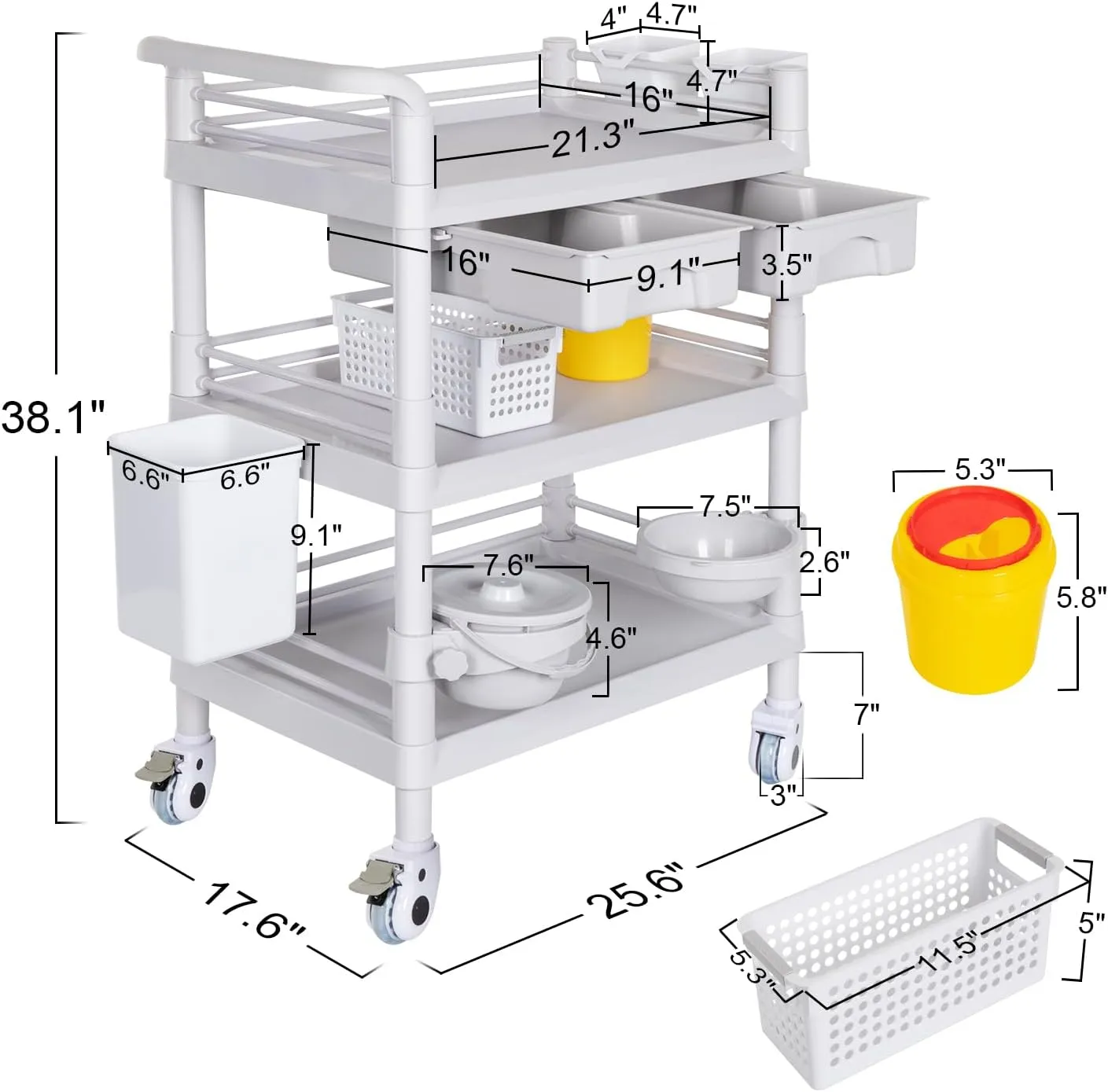Mobile Medical Carts 3 Tier Professional Utility Cart 330 LBS Max Load Rolling Crash Cart Ultrasound Trolley with Wheels Drawers Dirt Bucket Sharps Box Storage Basket for Hospital Dental Clinic Home
