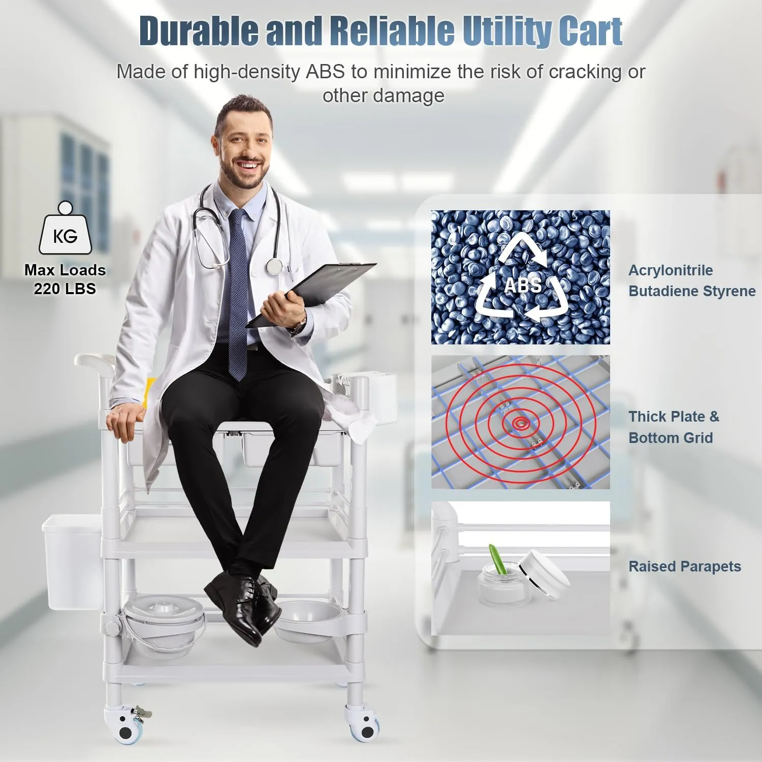 Mobile Medical Carts 3 Tier Professional Utility Cart 330 LBS Max Load Rolling Crash Cart Ultrasound Trolley with Wheels Drawers Dirt Bucket Sharps Box Storage Basket for Hospital Dental Clinic Home