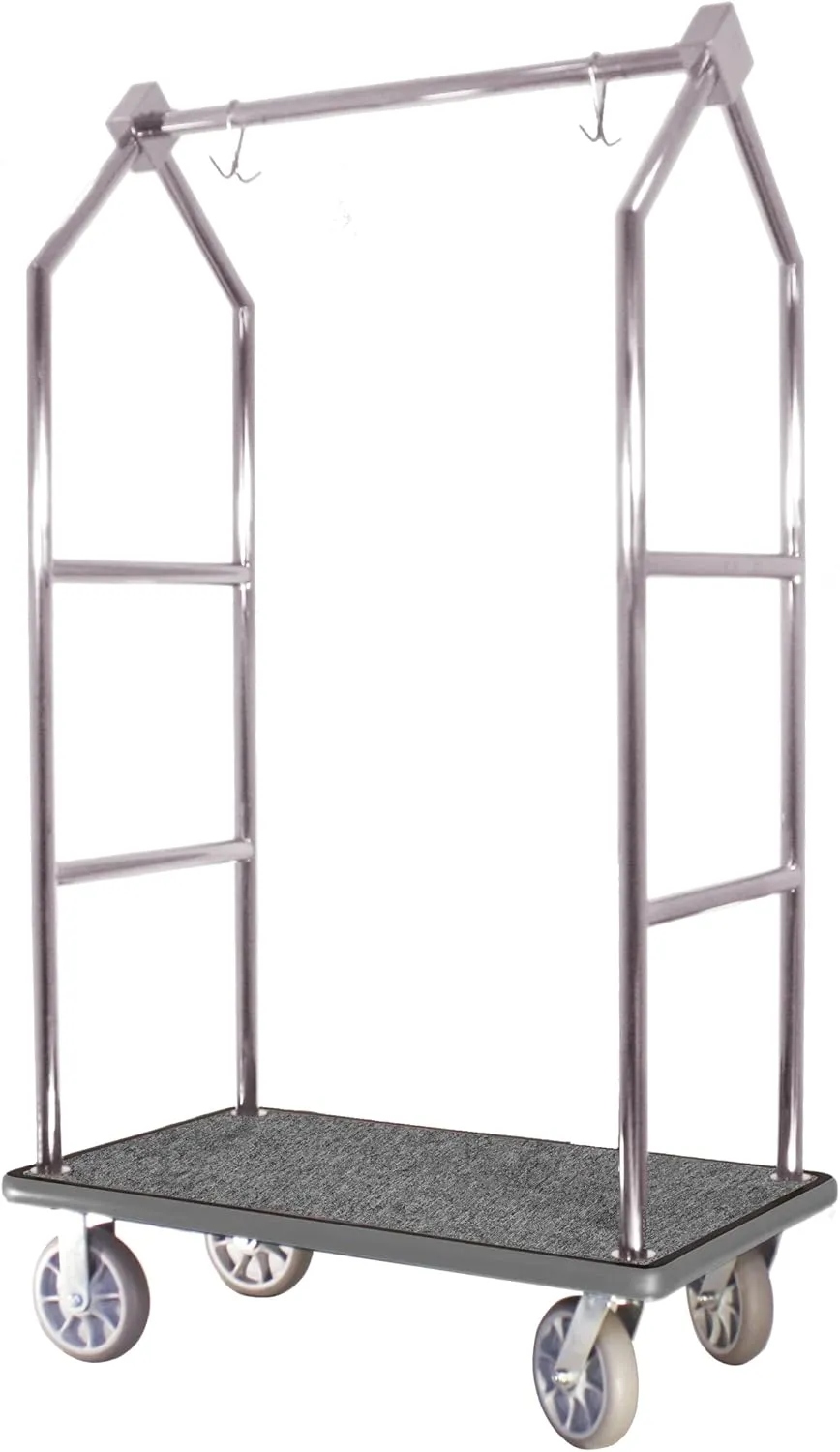 Modern Bellhop Luggage Cart- Stainless Steel Bellman Cart w/Grey Carpet Deck and 8" Rubber Wheels - Ideal for Hotels, Condos, Resorts and Special Events - 800 lb Load Capacity