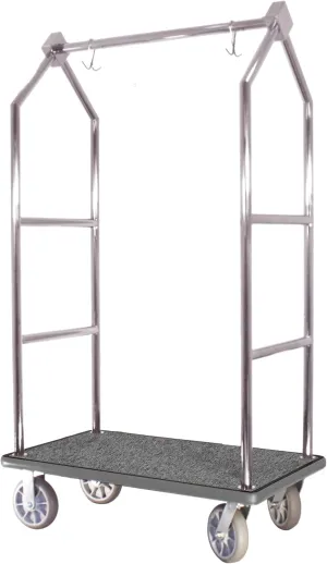 Modern Bellhop Luggage Cart- Stainless Steel Bellman Cart w/Grey Carpet Deck and 8" Rubber Wheels - Ideal for Hotels, Condos, Resorts and Special Events - 800 lb Load Capacity