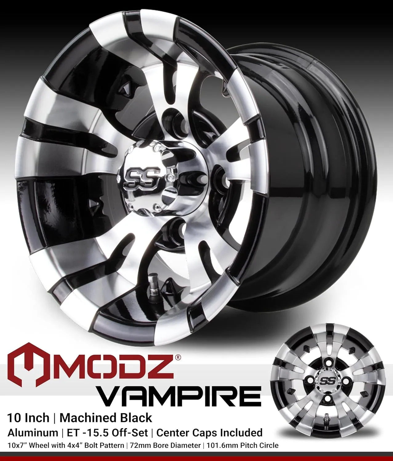 MODZ Vampire Machined Black 10" Golf Cart Wheels and Arisun X-Trail (20x10-10) All-Terrain Golf Cart Tires Combo - Set of 4