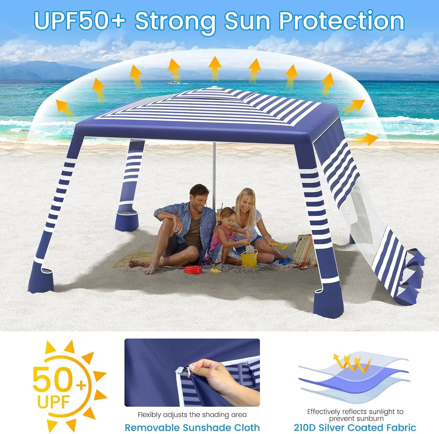 MoKo Beach Cabana, 8'×8' Large Beach Canopy with Side Wall, UPF 50  Protection Easy Setup Beach Tent Sun Shelter, Adjustable Height Wind Resistant Cabana Beach Tent for Whole Family, Navy Stripes